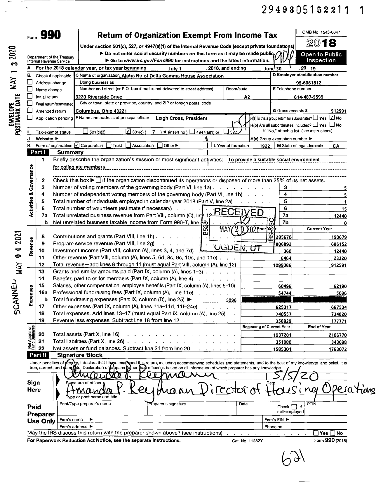 Image of first page of 2018 Form 990O for Alpha Nu of Delta Gamma House Association