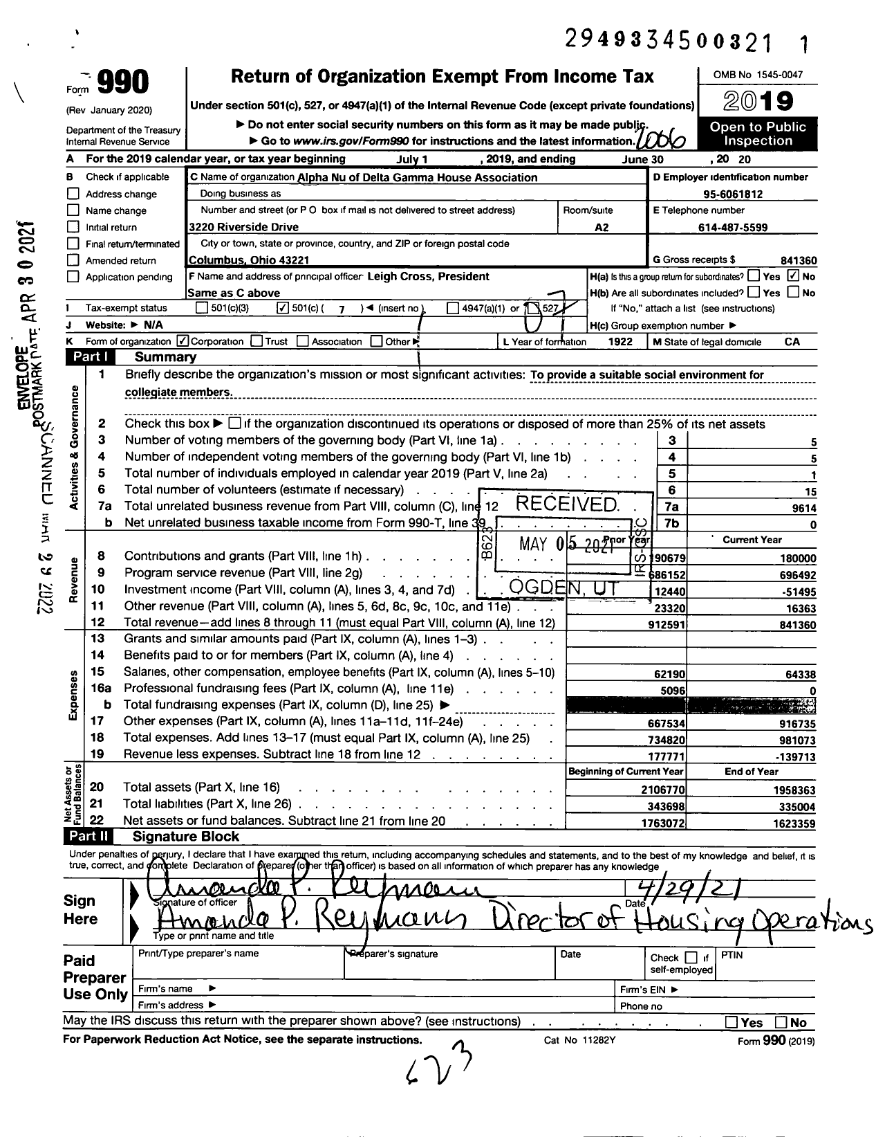 Image of first page of 2019 Form 990O for Alpha Nu of Delta Gamma House Association