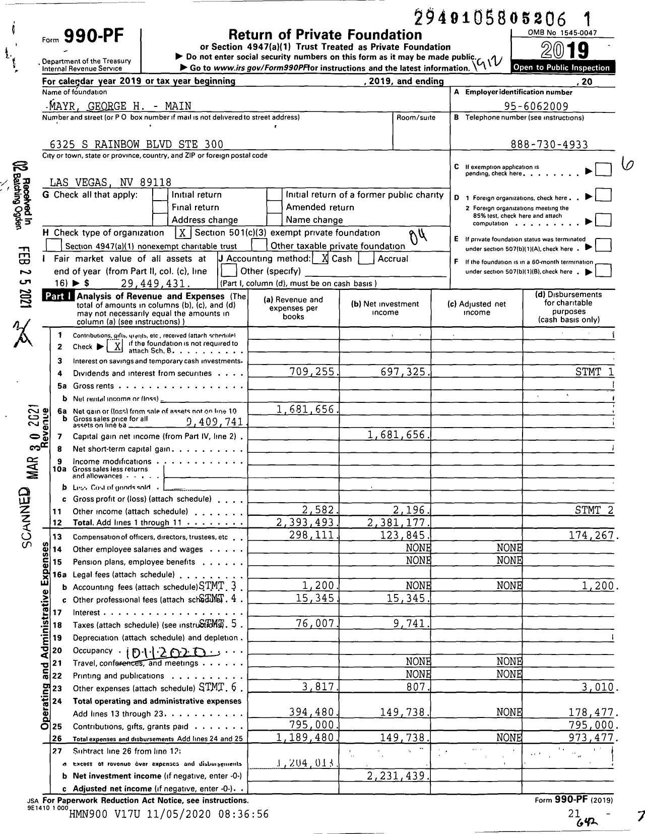 Image of first page of 2019 Form 990PF for George Henry Mayr Foundation