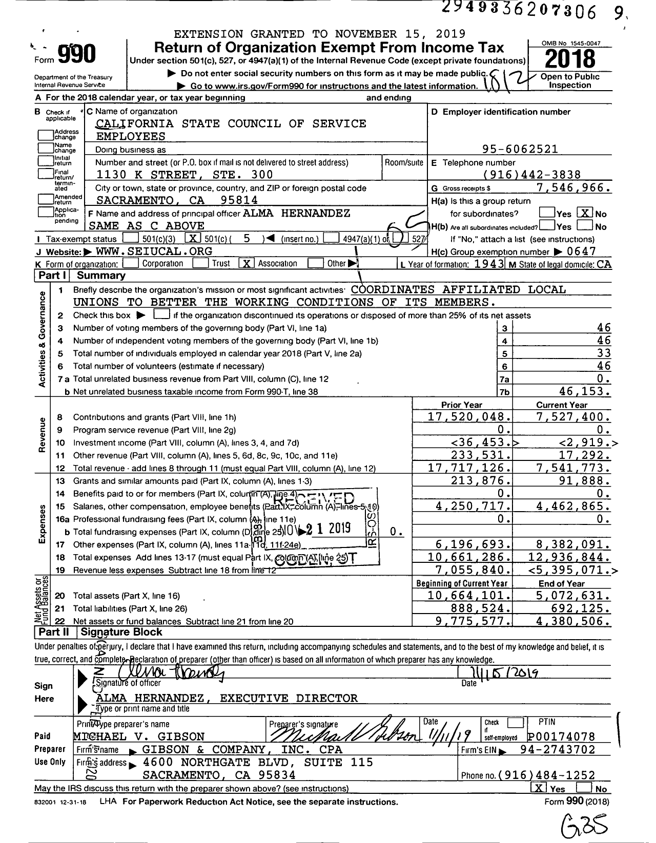 Image of first page of 2018 Form 990O for Service Employees International Union - California State Council