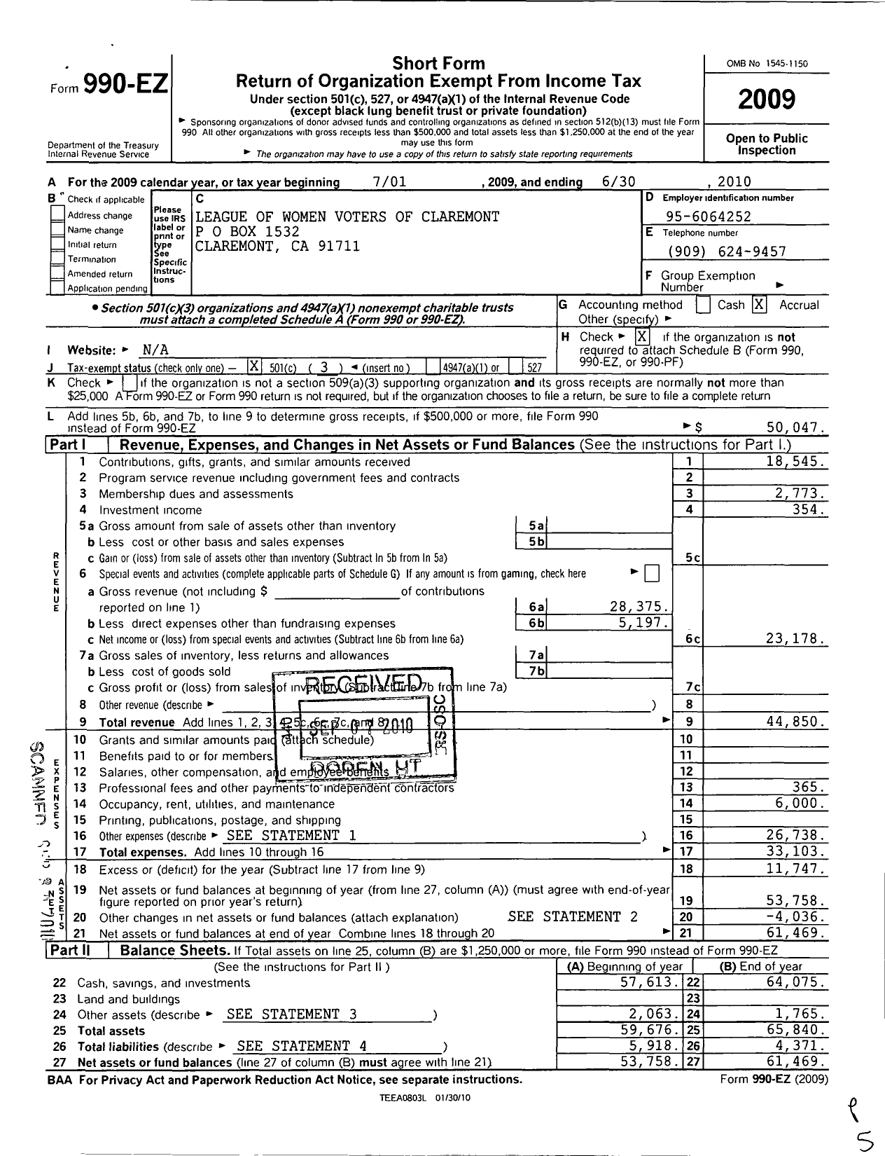 Image of first page of 2009 Form 990EZ for League of Women Voters of the MT Baldy Area