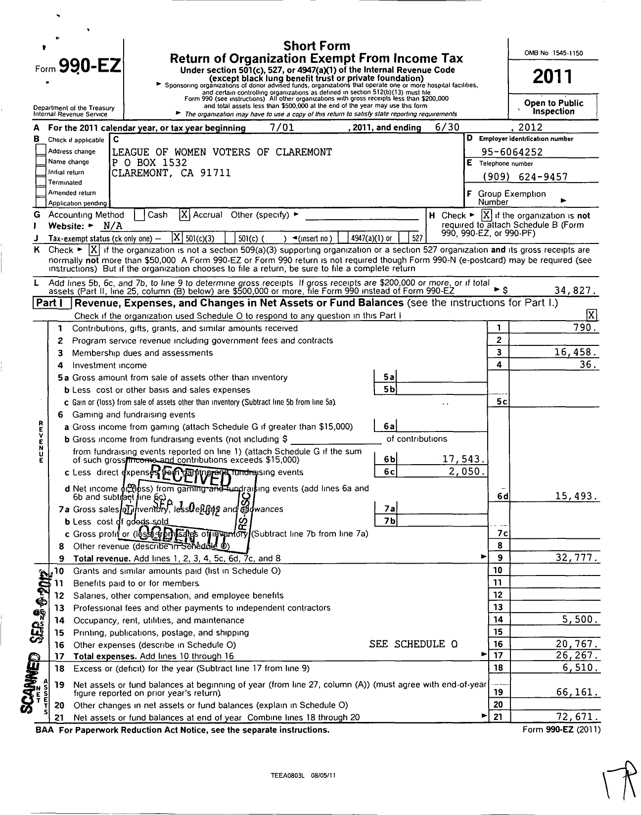 Image of first page of 2011 Form 990EZ for League of Women Voters of the MT Baldy Area