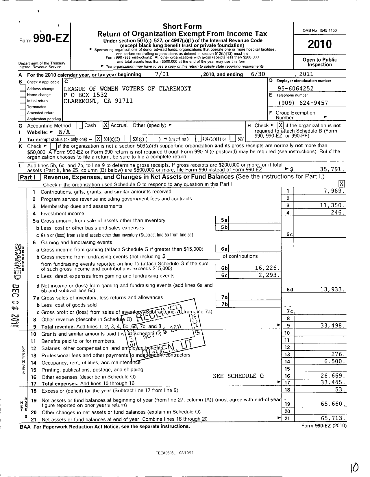 Image of first page of 2010 Form 990EZ for League of Women Voters of the MT Baldy Area