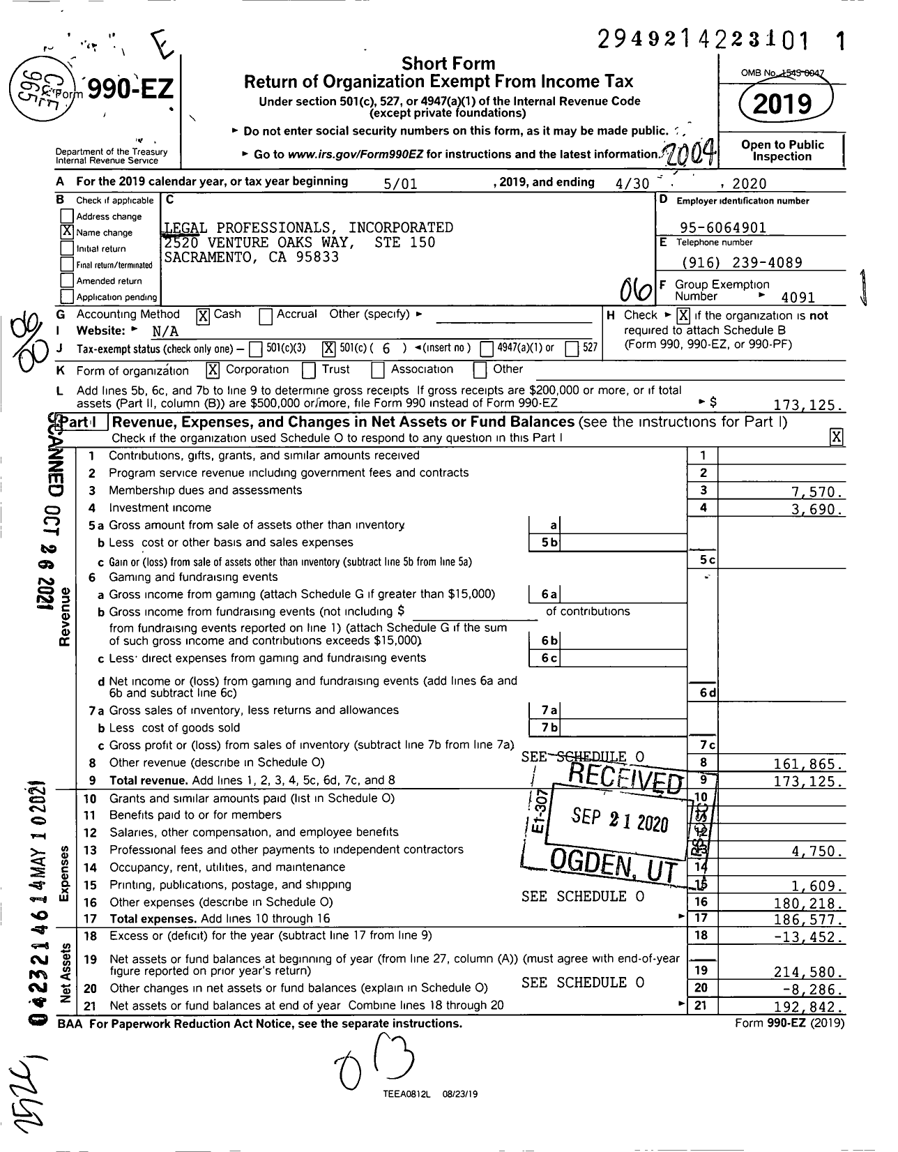 Image of first page of 2019 Form 990EO for Legal Professionals Incorporated