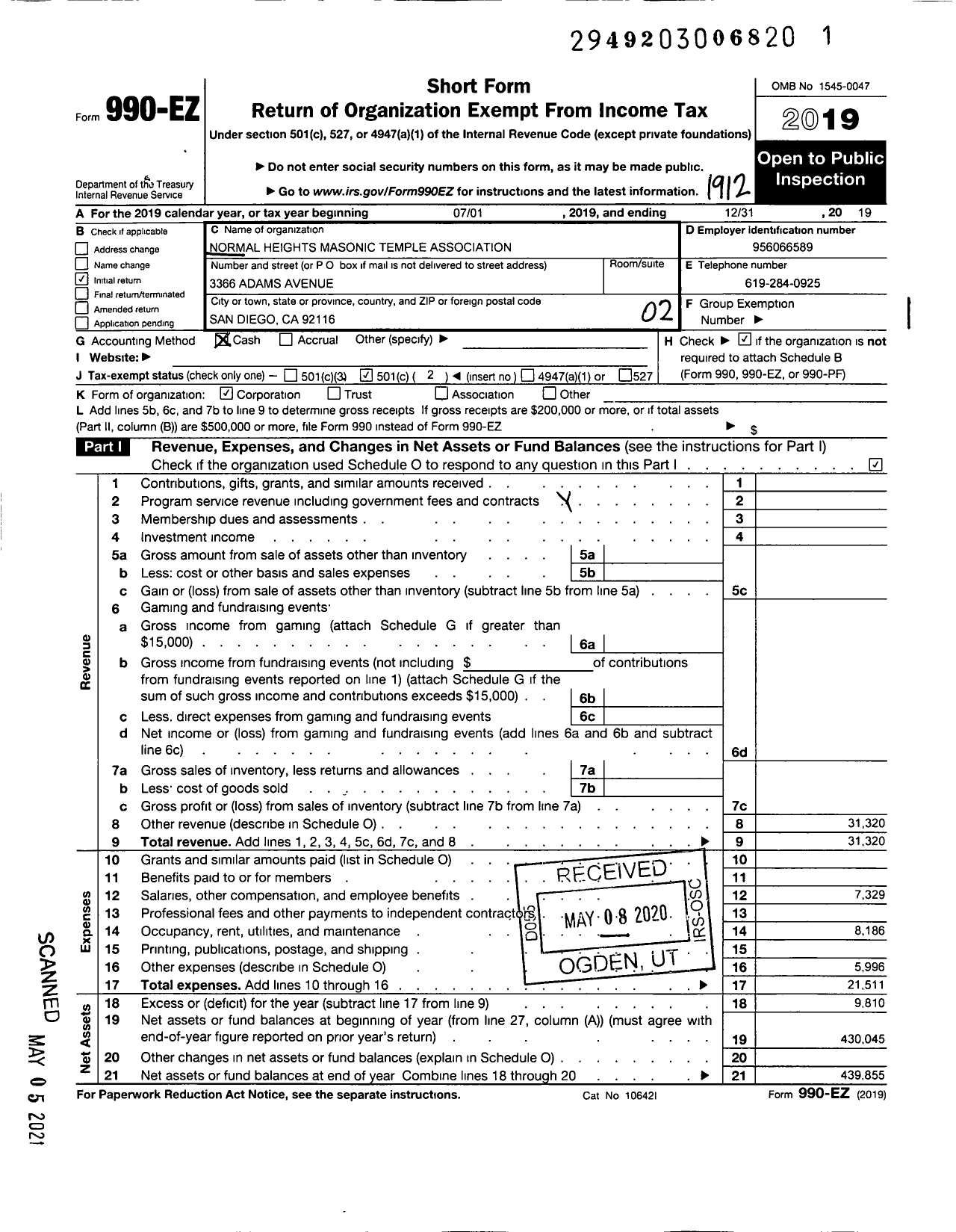 Image of first page of 2019 Form 990EO for Normal Heights Masonic Temple Association