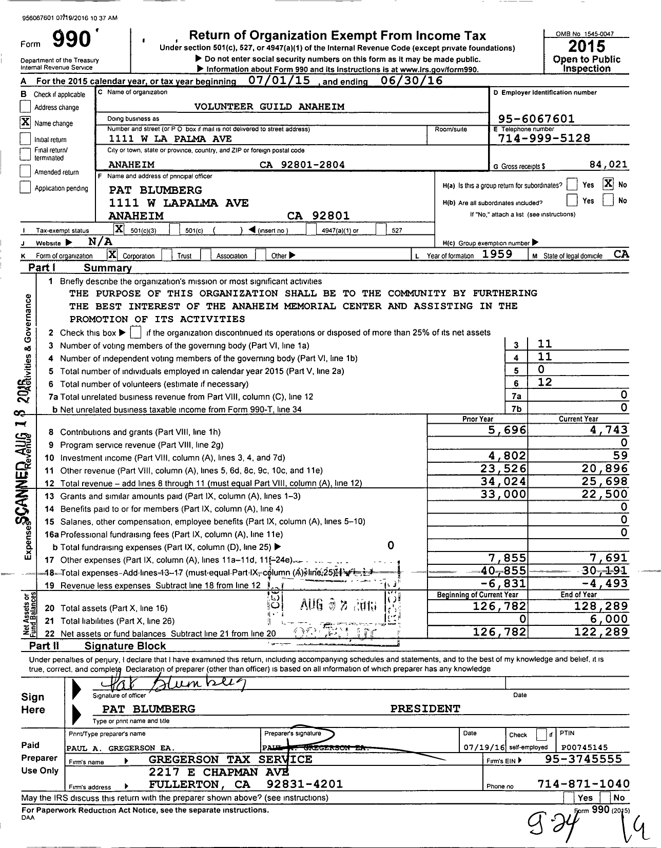 Image of first page of 2015 Form 990 for Volunteer Guild Anaheim