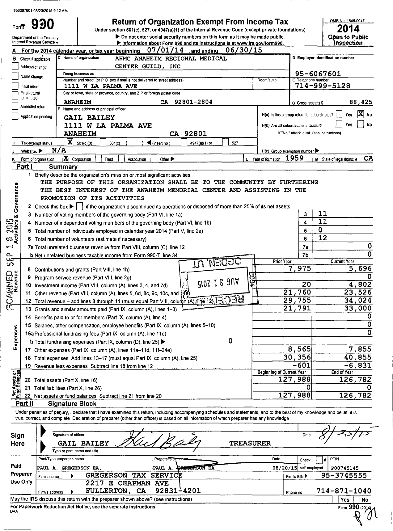 Image of first page of 2014 Form 990 for Volunteer Guild Anaheim