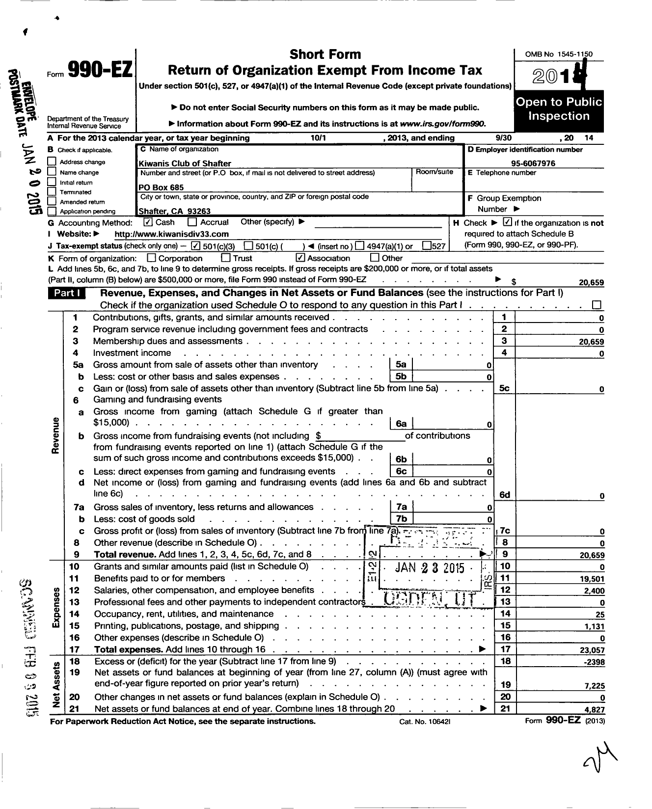 Image of first page of 2013 Form 990EZ for Kiwanis International / K02249 Shafter