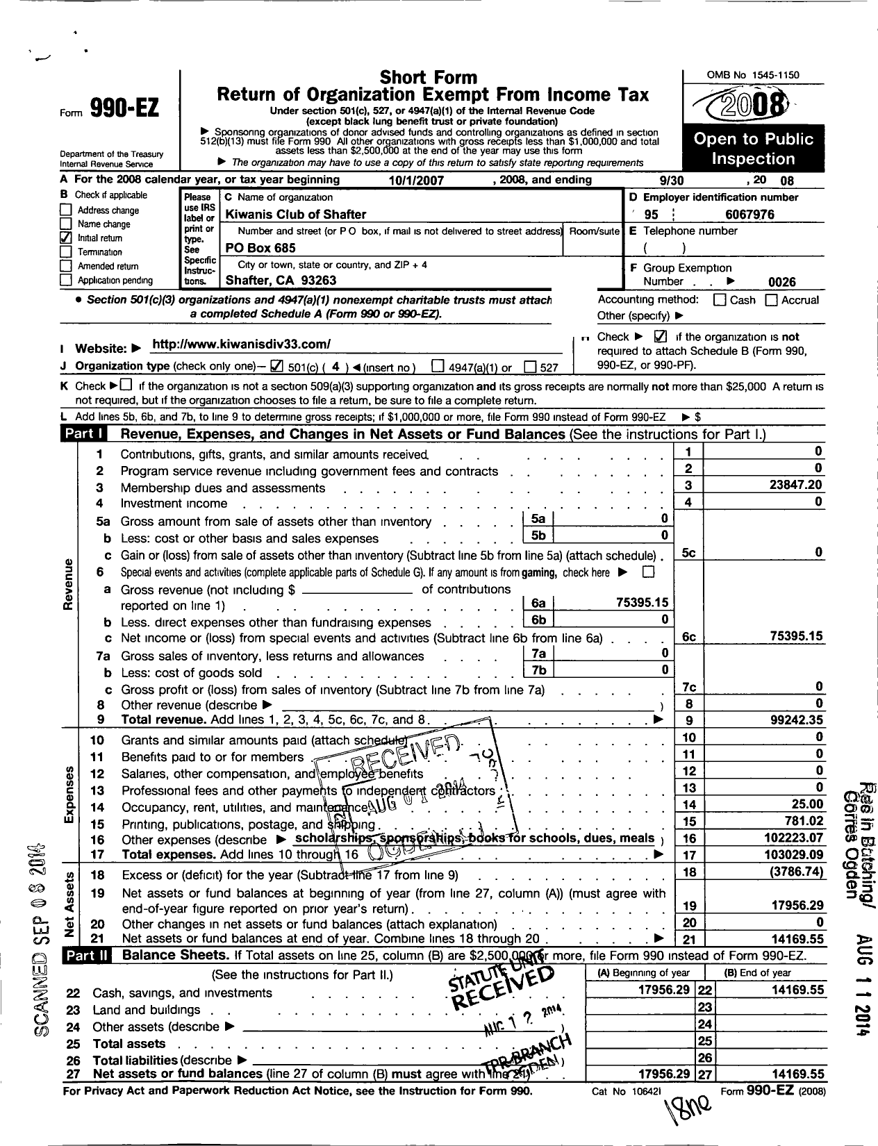 Image of first page of 2007 Form 990EO for Kiwanis International / K02249 Shafter