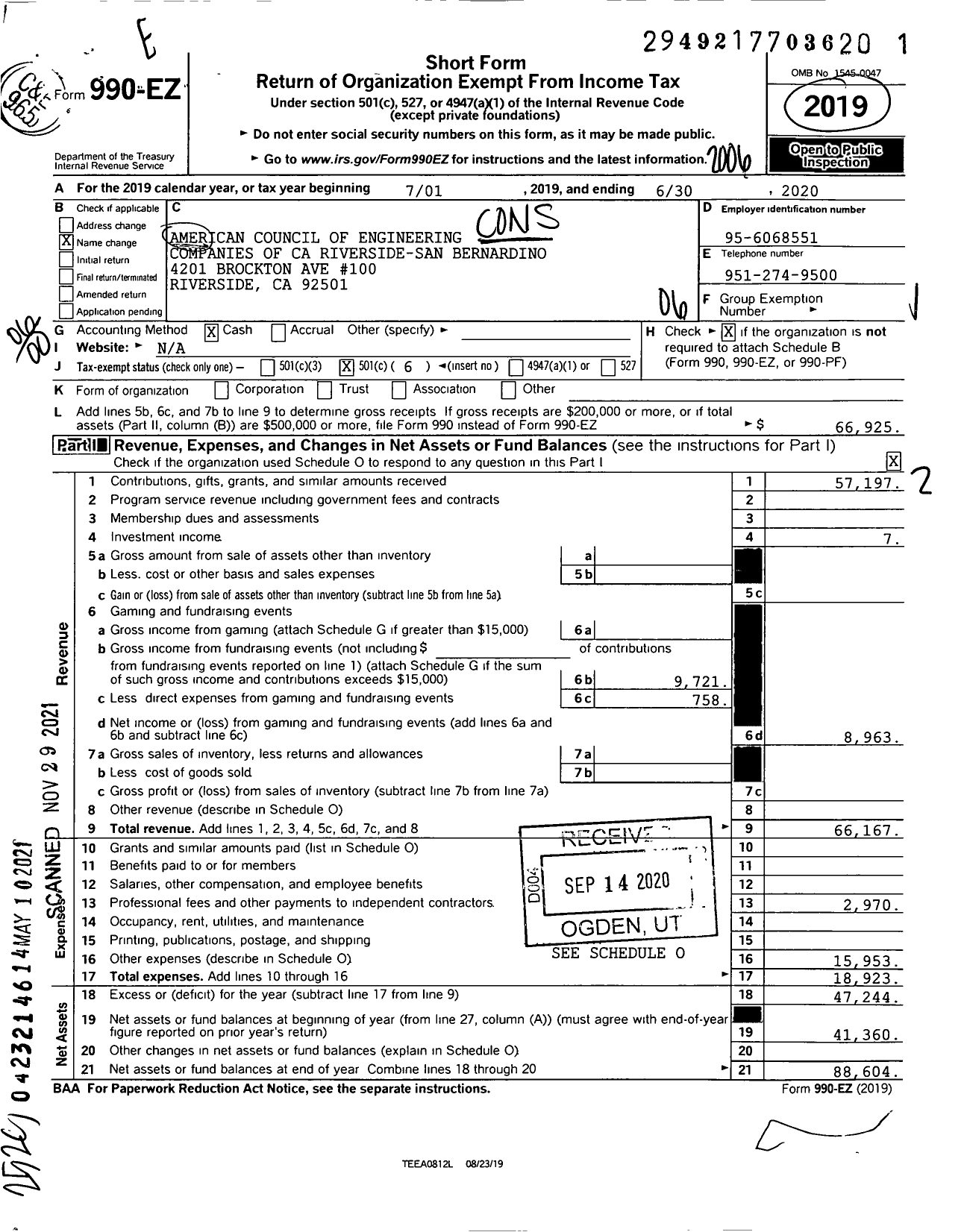 Image of first page of 2019 Form 990EO for American Council of Engineering Companies of Ca Riverside-San Bernardino