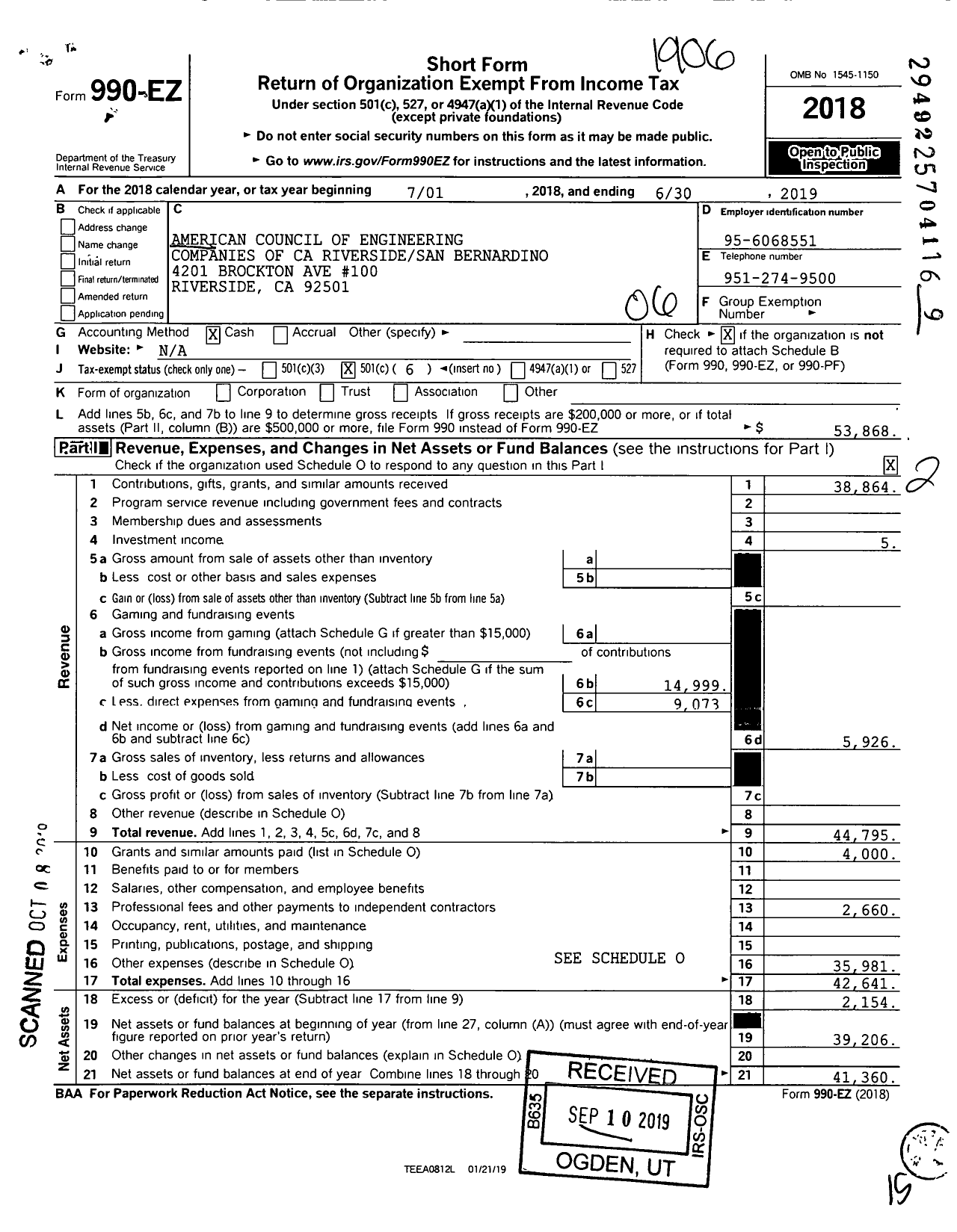 Image of first page of 2018 Form 990EO for American Council of Engineering Companies of Ca Riverside-San Bernardino