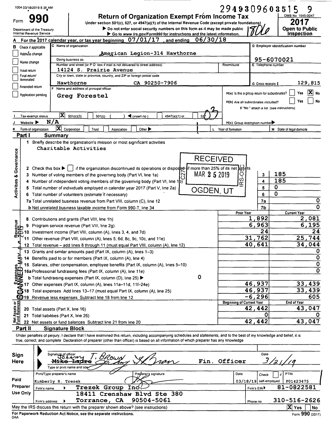 Image of first page of 2017 Form 990 for American Legion - 314 Hawthorne Ca Post