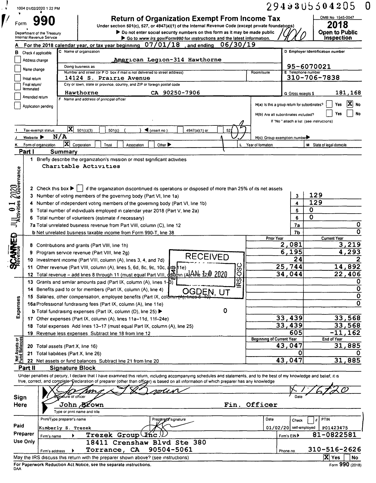 Image of first page of 2018 Form 990 for American Legion - 314 Hawthorne Ca Post