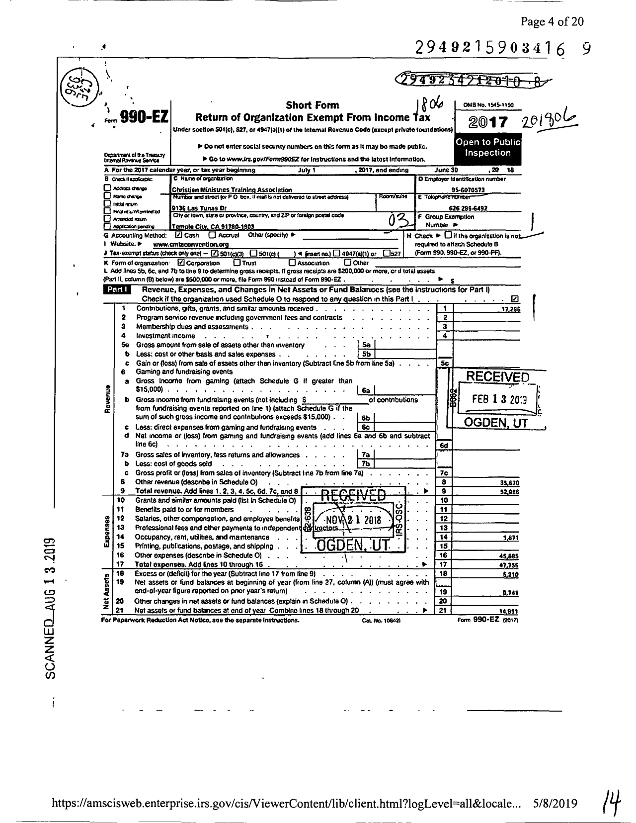 Image of first page of 2017 Form 990EZ for Christian Ministries Training Association