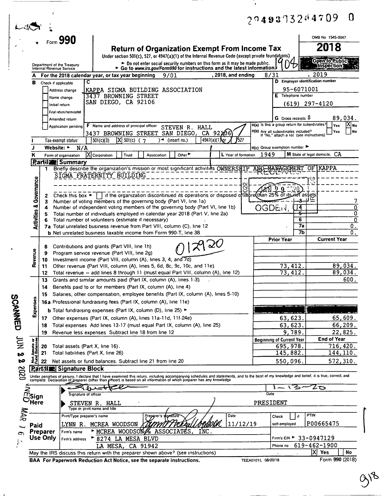 Image of first page of 2018 Form 990O for Kappa Sigma Building Association