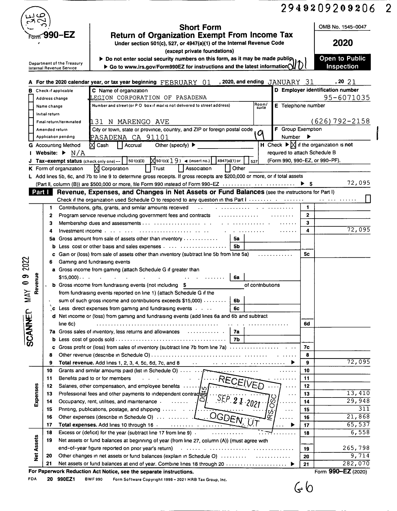 Image of first page of 2020 Form 990EO for Legion Corporation of Pasadena