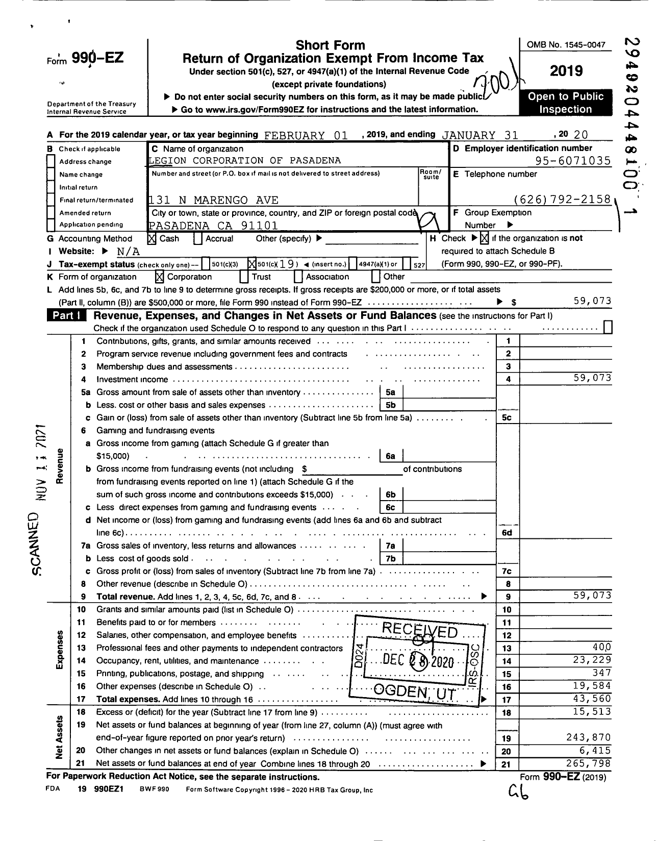 Image of first page of 2019 Form 990EO for Legion Corporation of Pasadena