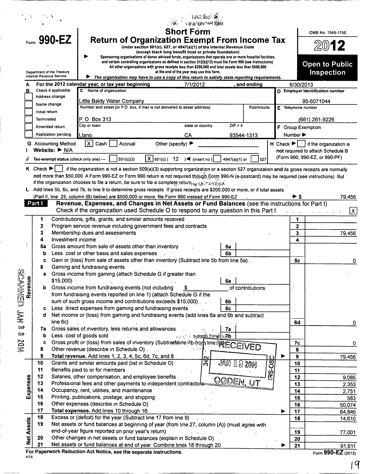 Image of first page of 2012 Form 990EO for Little Baldy Water Company