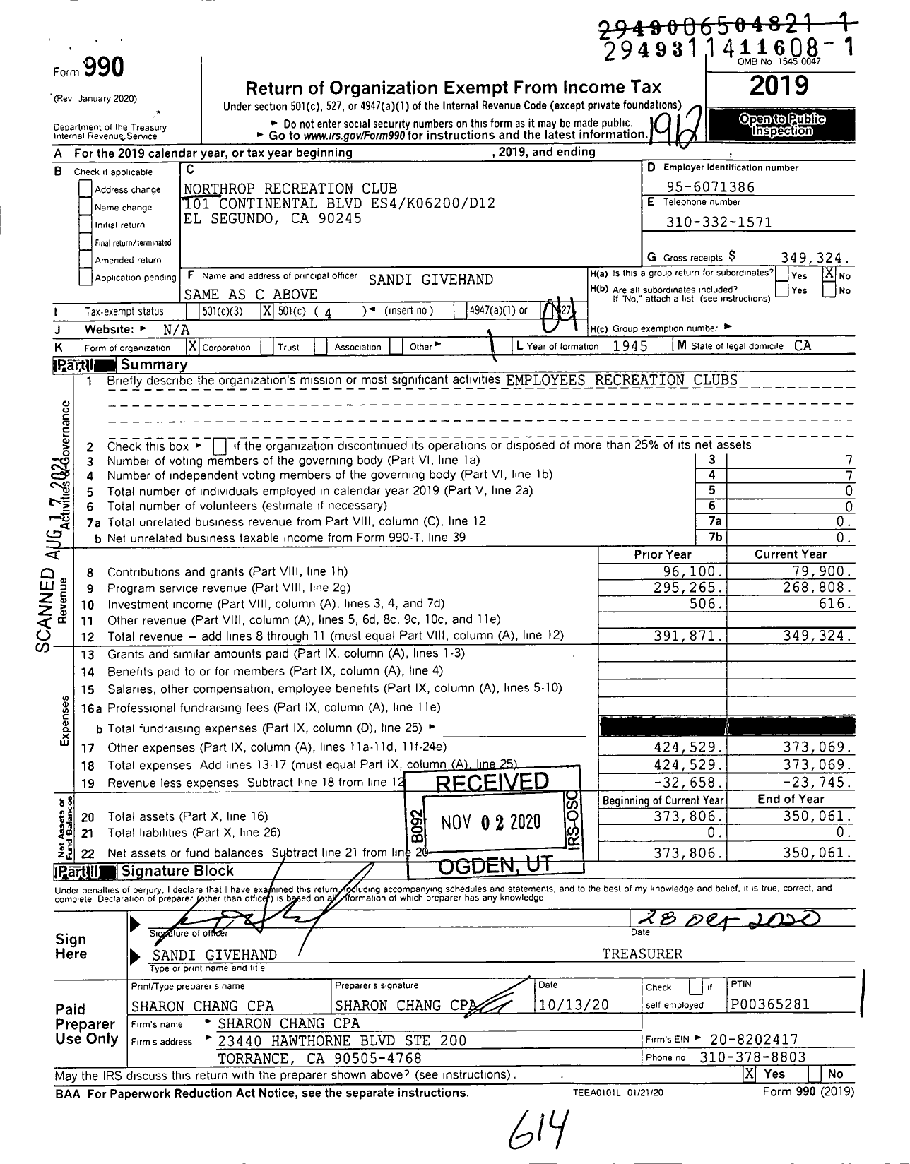 Image of first page of 2019 Form 990O for Northrop Recreation Club