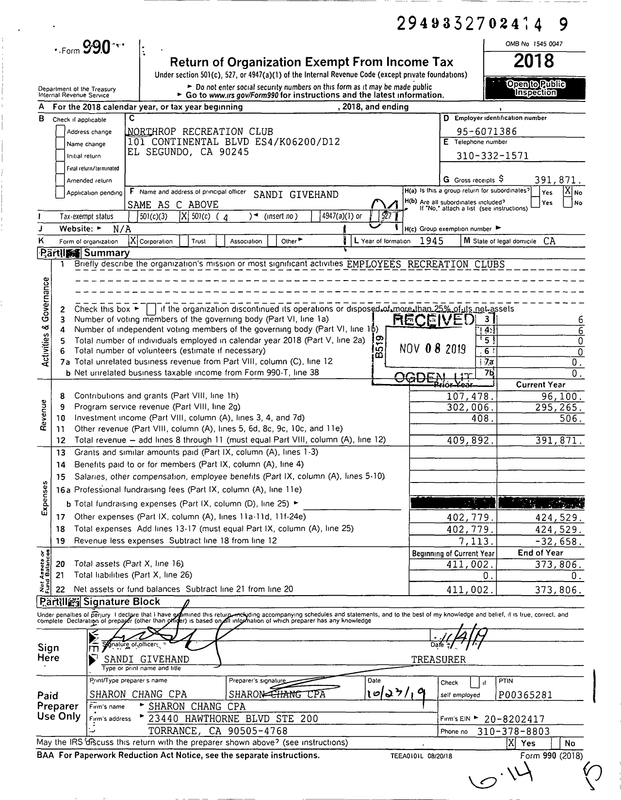 Image of first page of 2018 Form 990O for Northrop Recreation Club