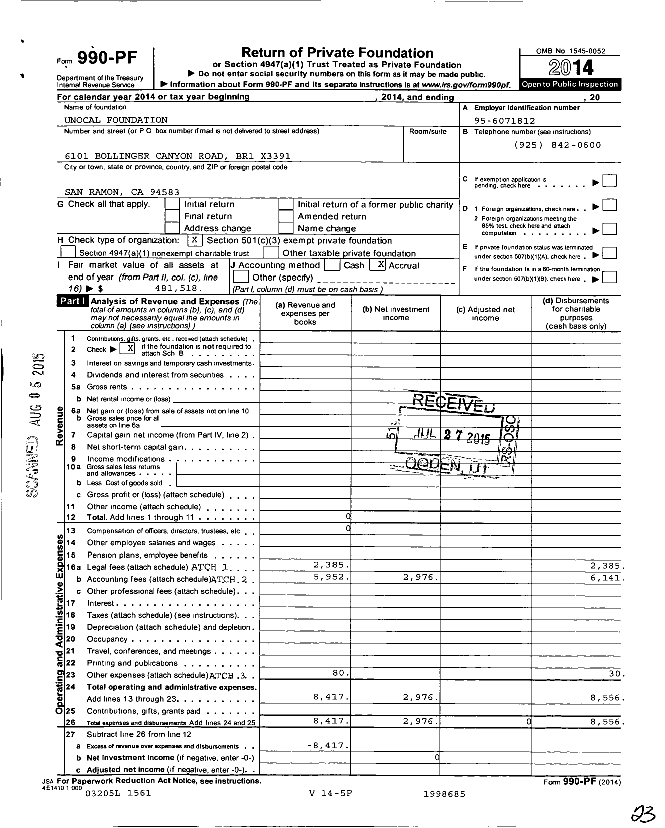 Image of first page of 2014 Form 990PF for Unocal Foundation