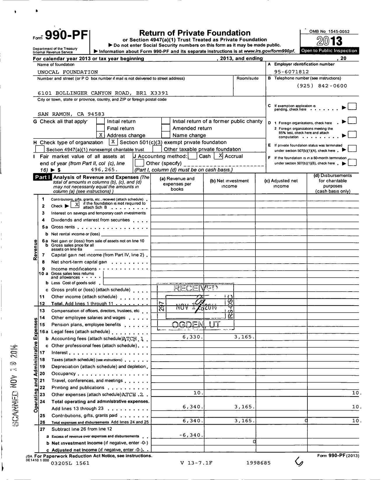 Image of first page of 2013 Form 990PF for Unocal Foundation