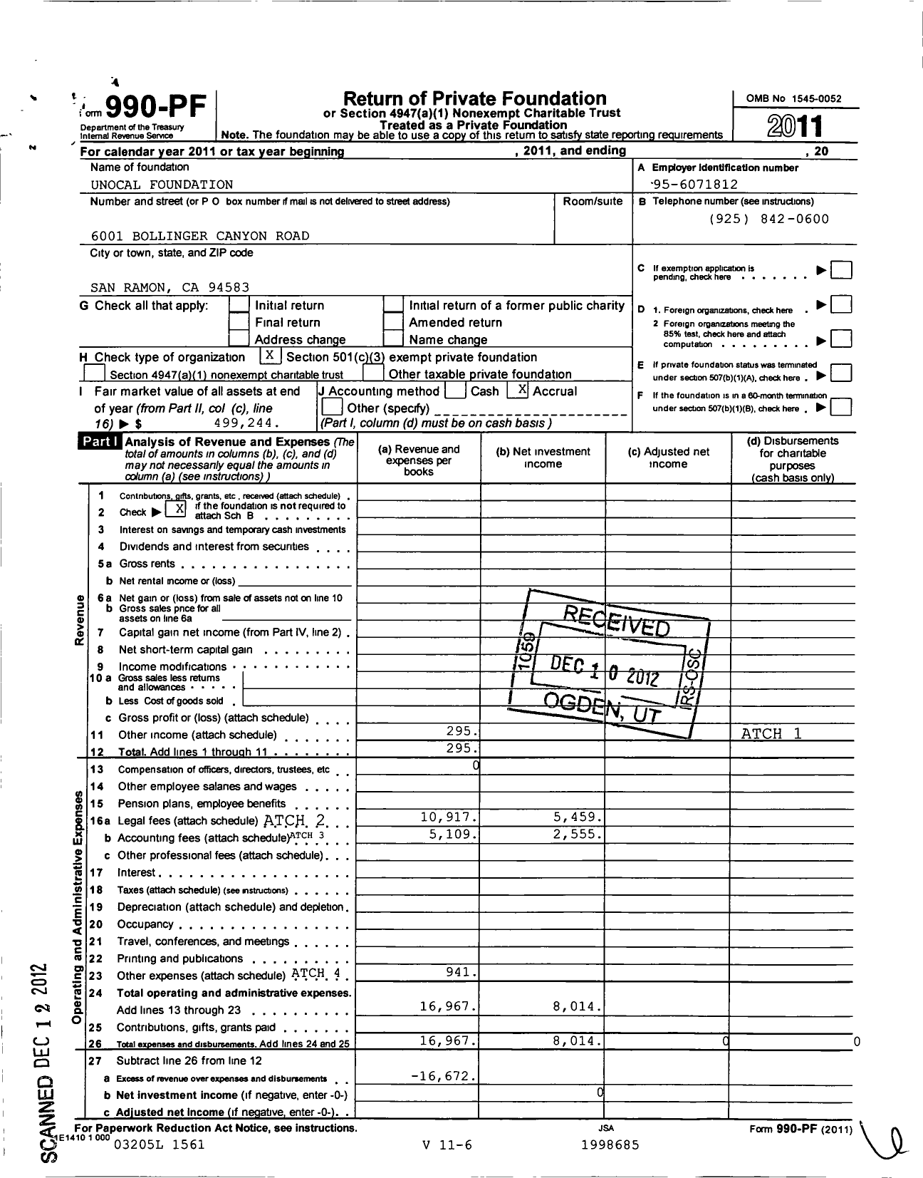 Image of first page of 2011 Form 990PF for Unocal Foundation