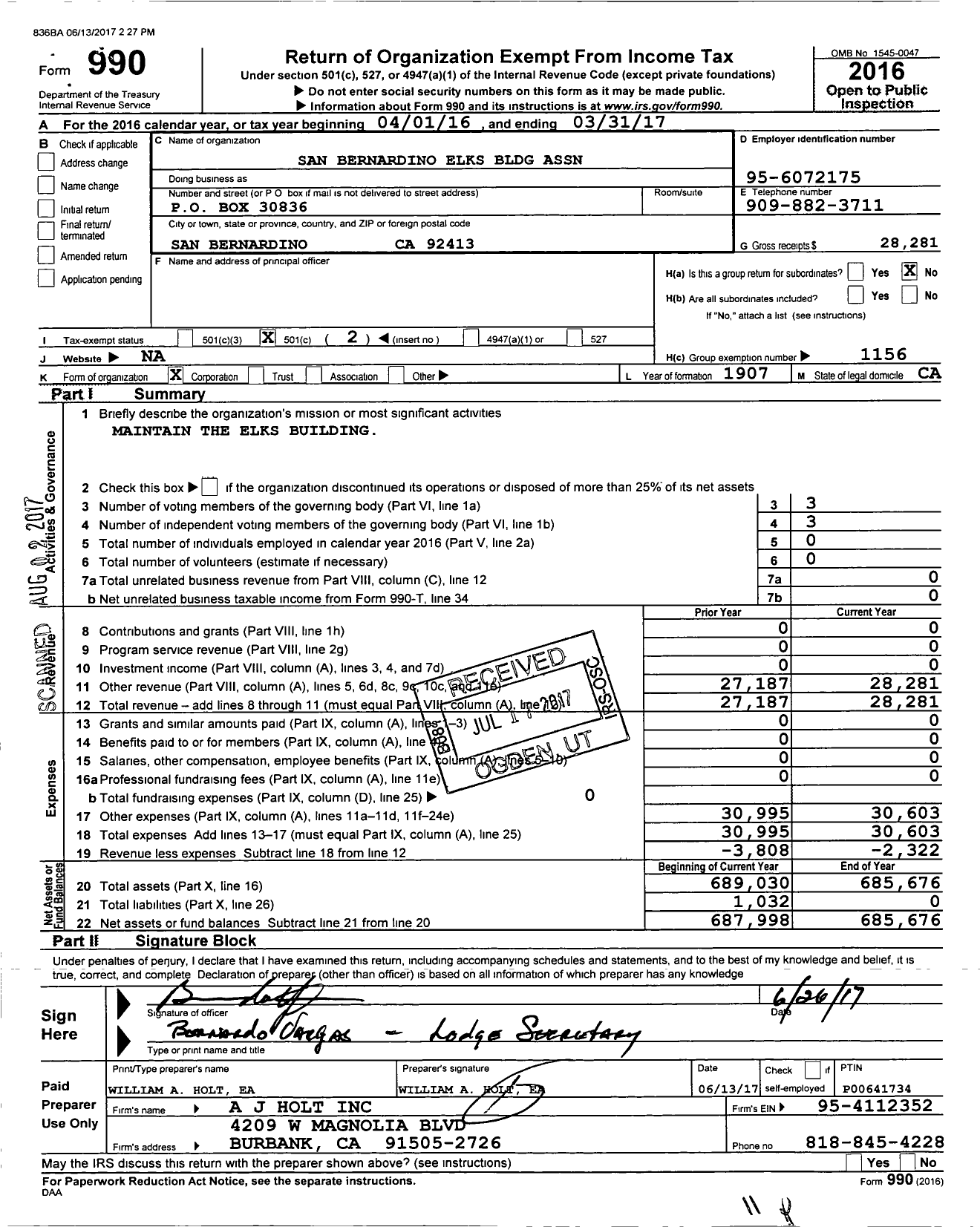 Image of first page of 2016 Form 990O for San Bernardino Elks Building Association