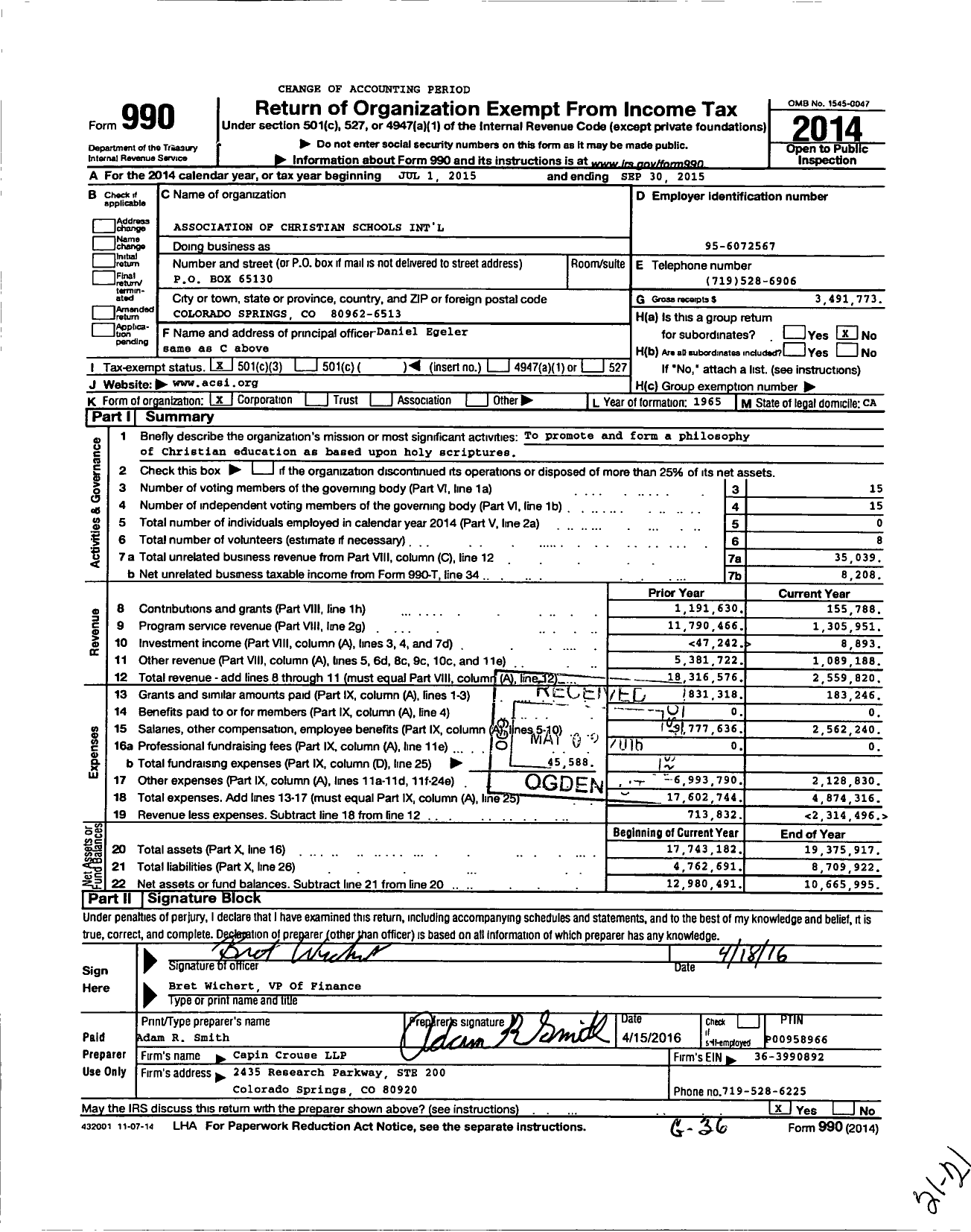Image of first page of 2014 Form 990 for Association Of Christian Schools International