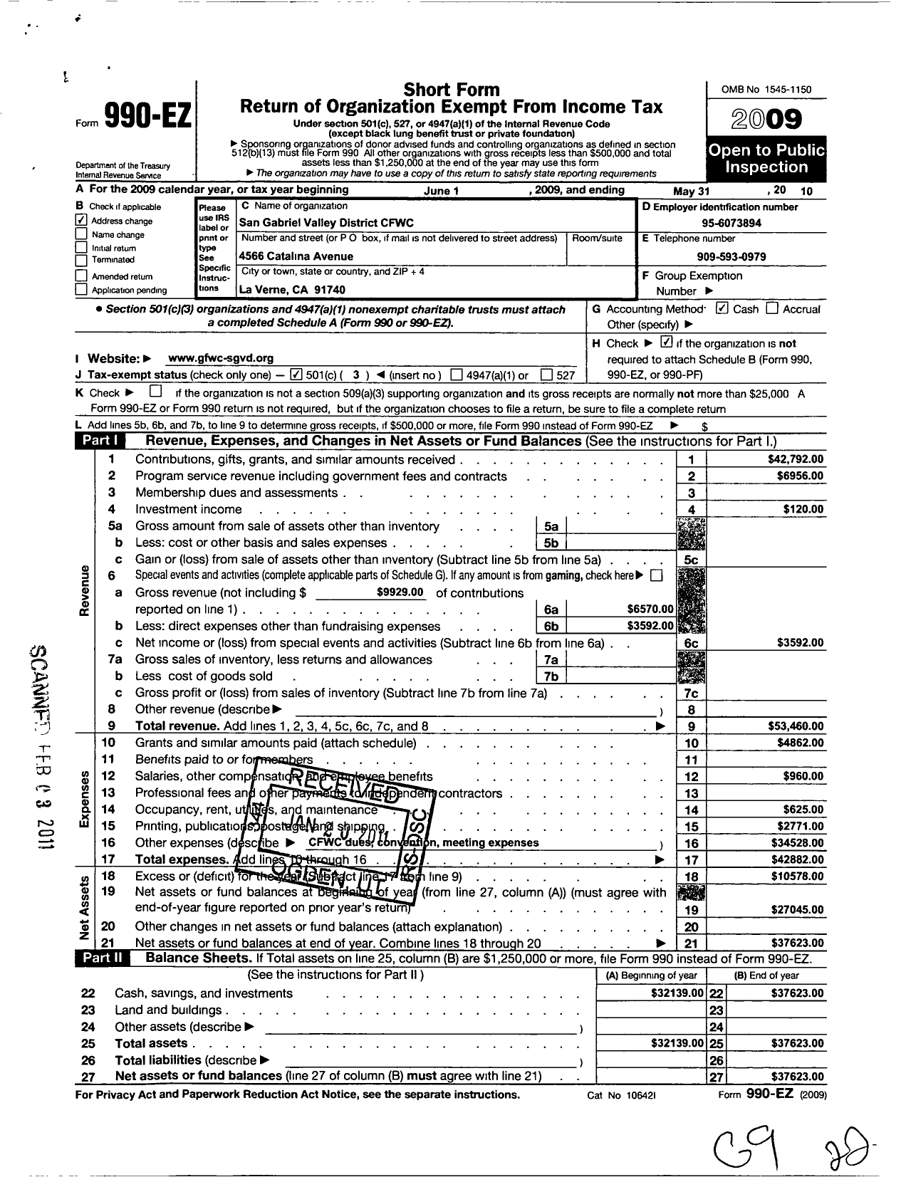 Image of first page of 2009 Form 990EZ for California Federation of Women's Clubs - San Gabriel Valley District