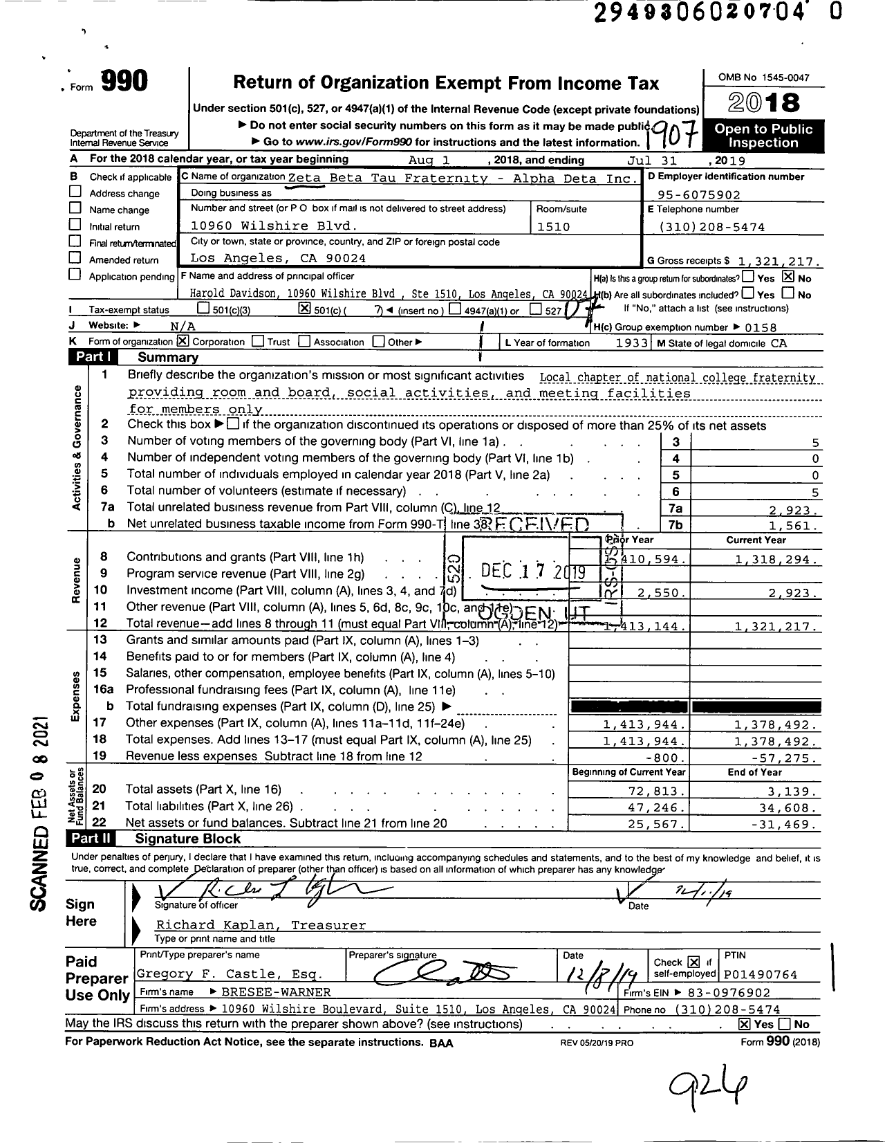 Image of first page of 2018 Form 990O for Zeta Beta Tau Fraternity - Alpha Delta