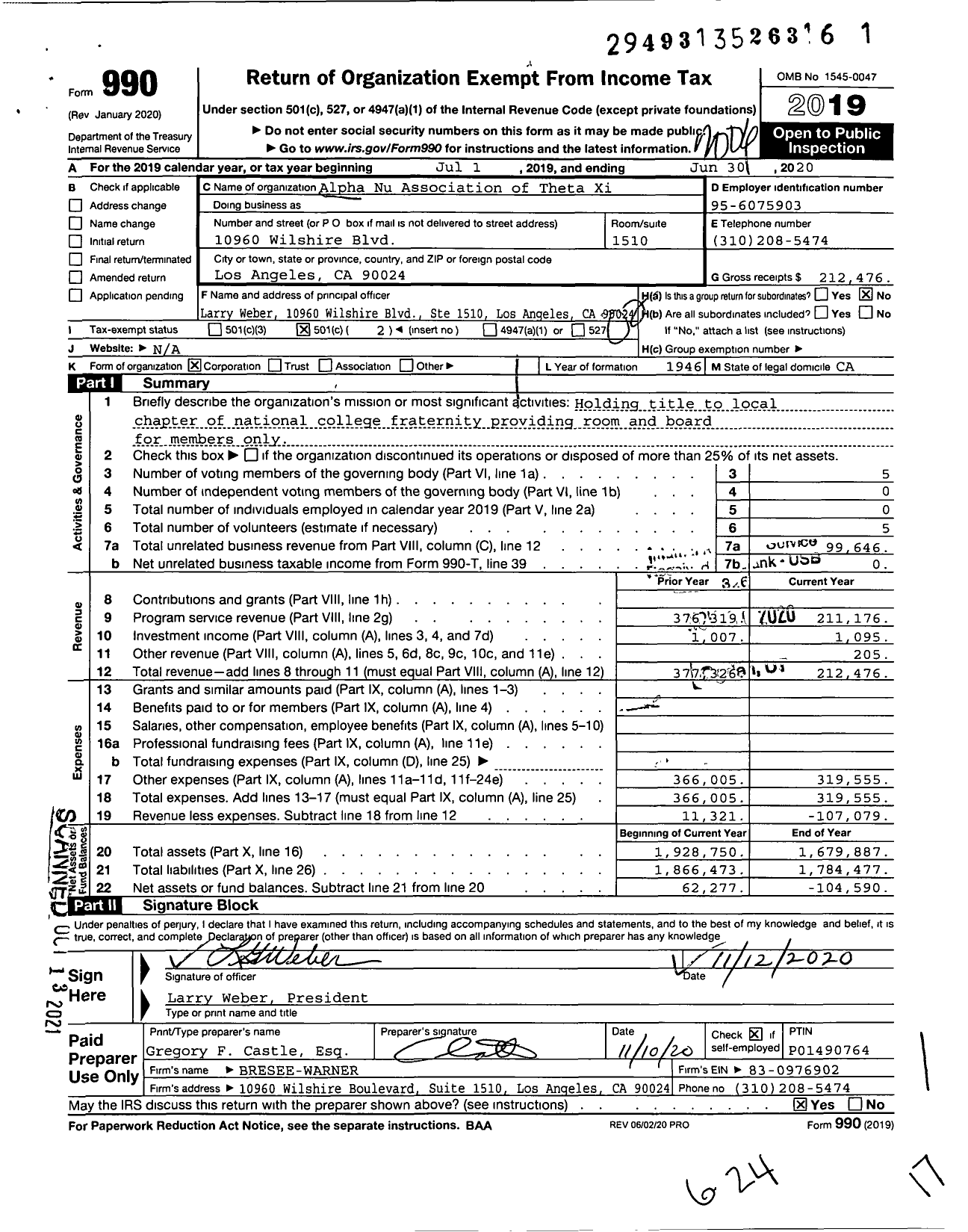 Image of first page of 2019 Form 990O for Alpha Nu Association of Theta Xi