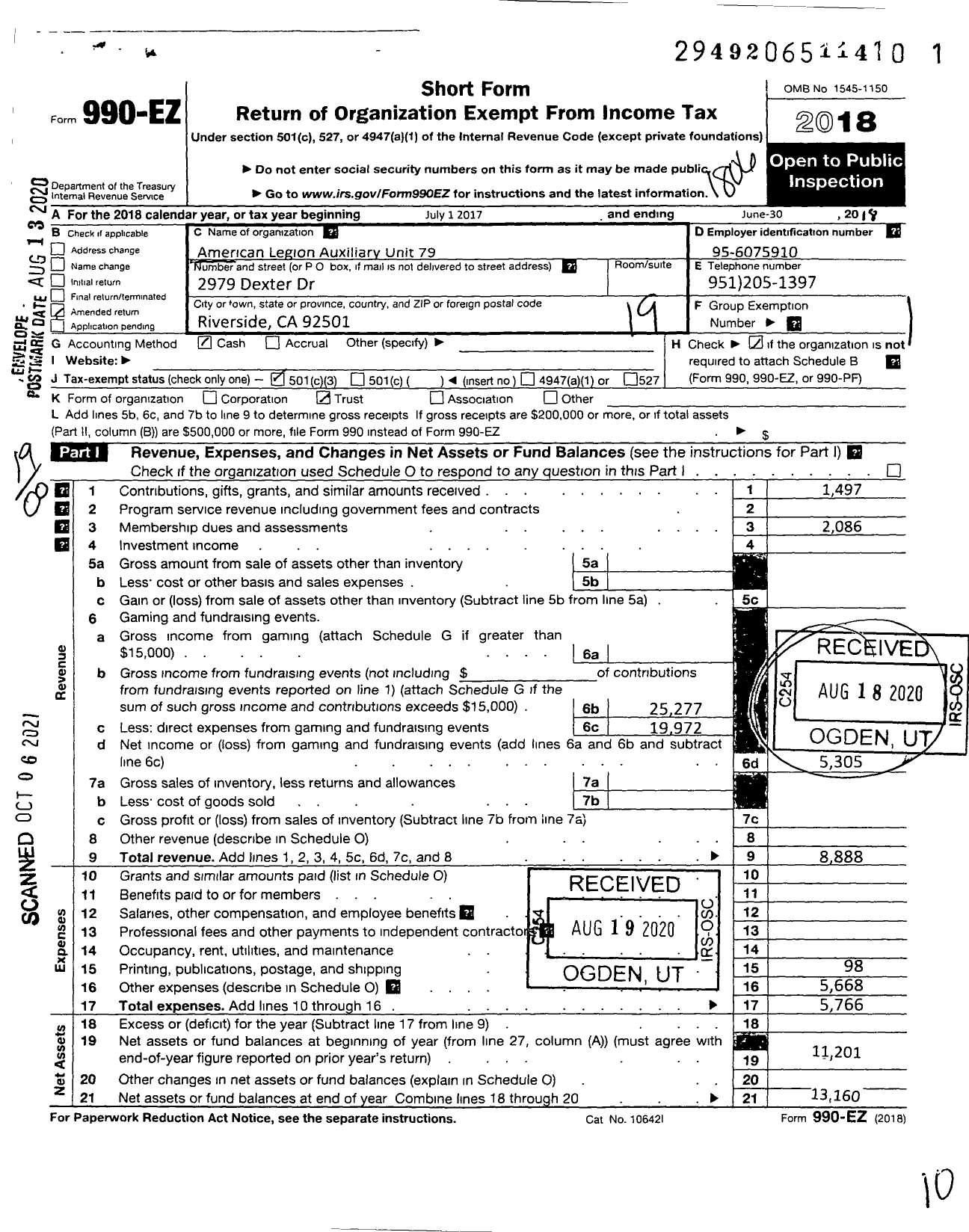 Image of first page of 2017 Form 990EO for American Legion Auxiliary - 79 Riverside