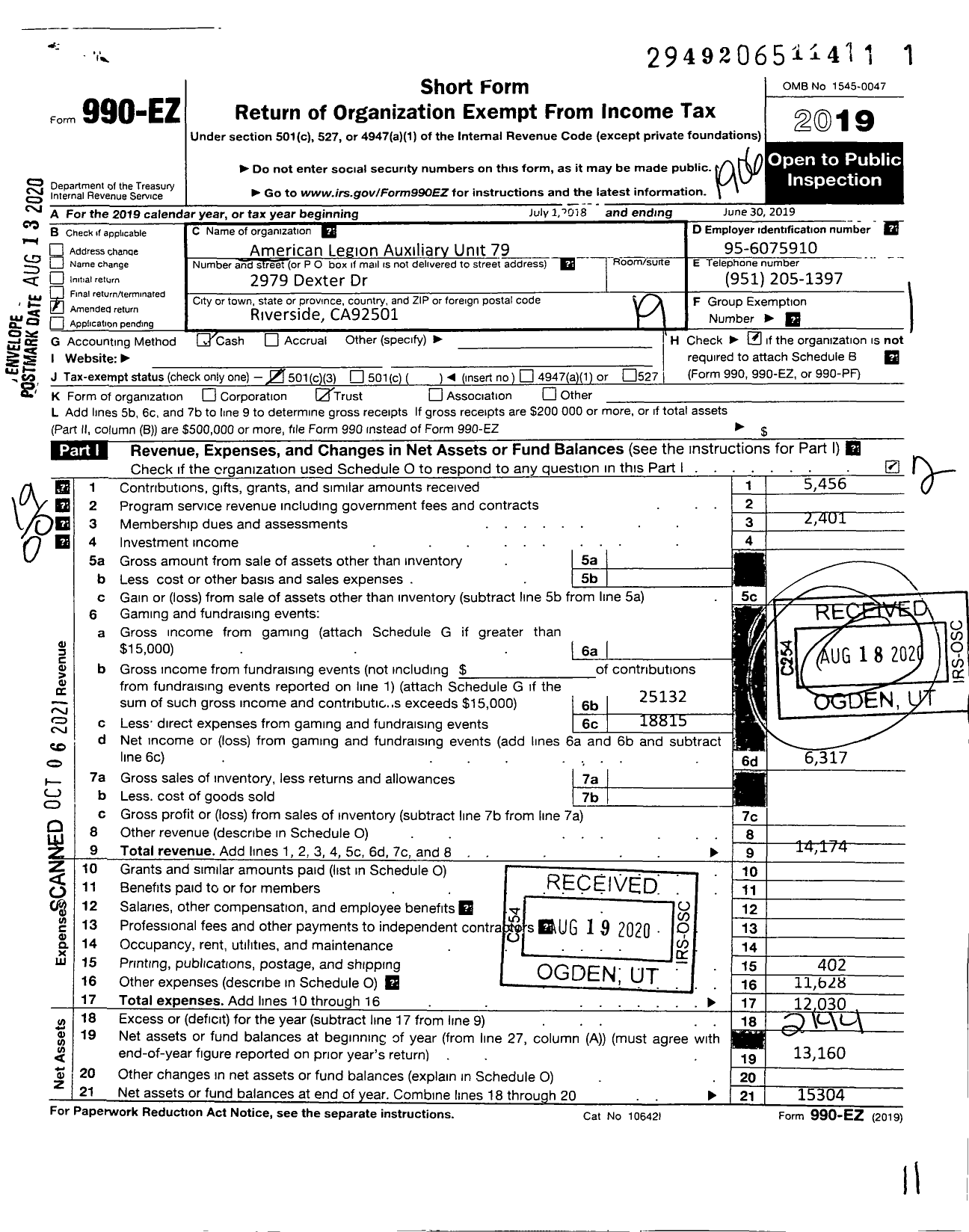 Image of first page of 2018 Form 990EO for American Legion Auxiliary - 79 Riverside