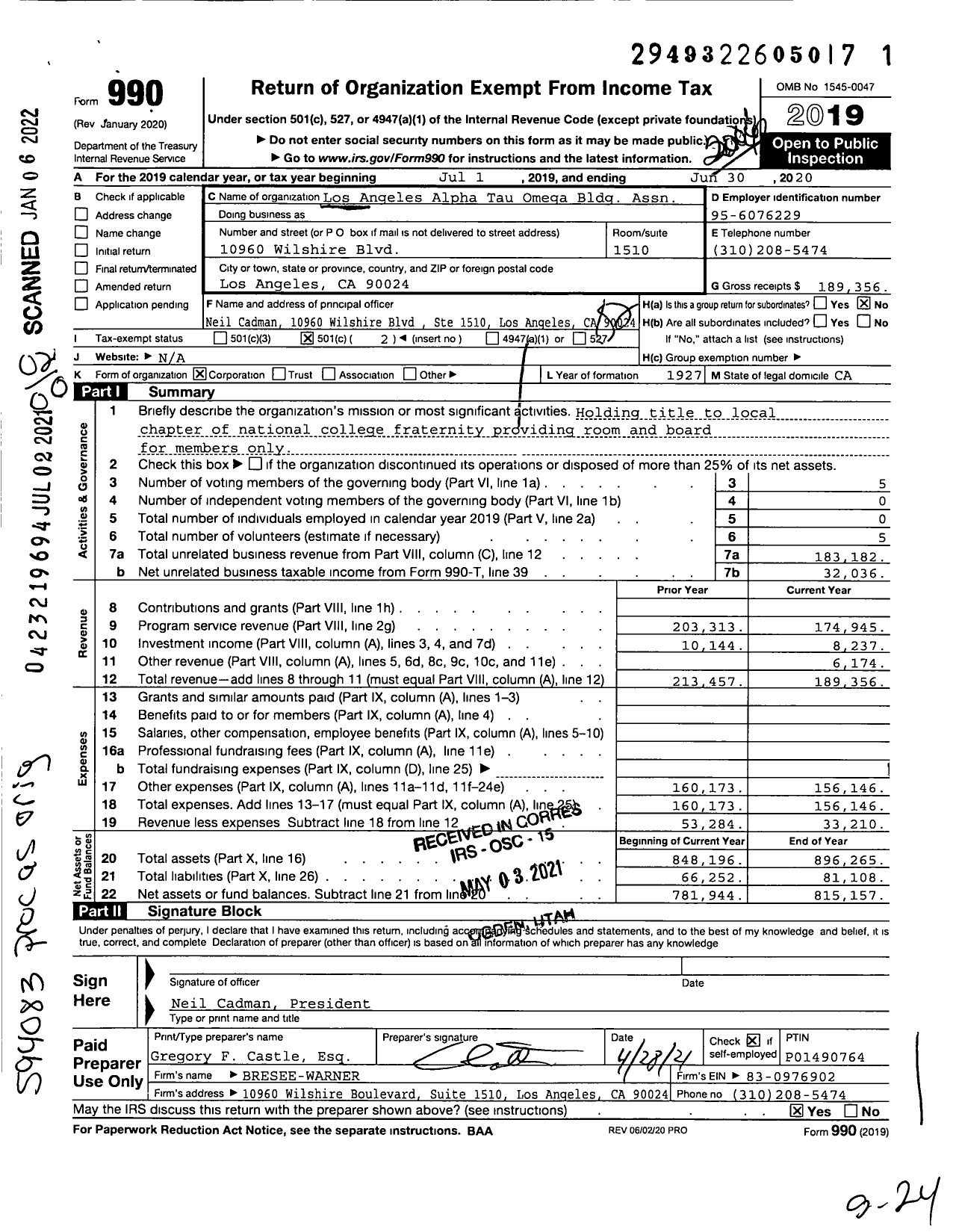 Image of first page of 2019 Form 990O for Los Angeles Alpha Tau Omega Bldg Assn