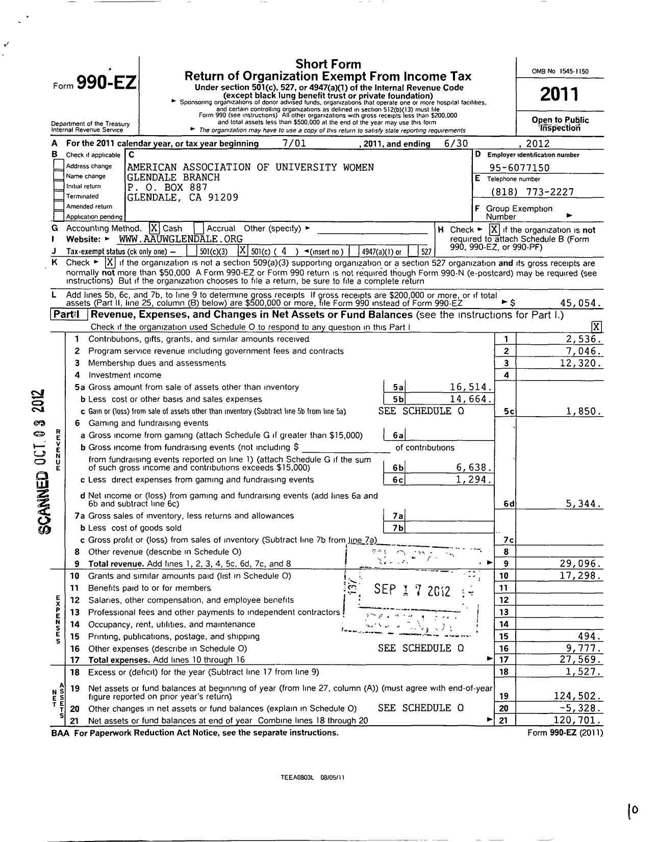 Image of first page of 2011 Form 990EO for American Association of University Women / Glendale