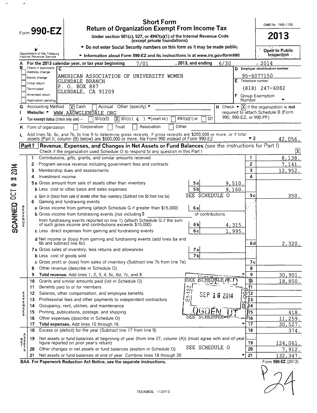 Image of first page of 2013 Form 990EO for American Association of University Women / Glendale