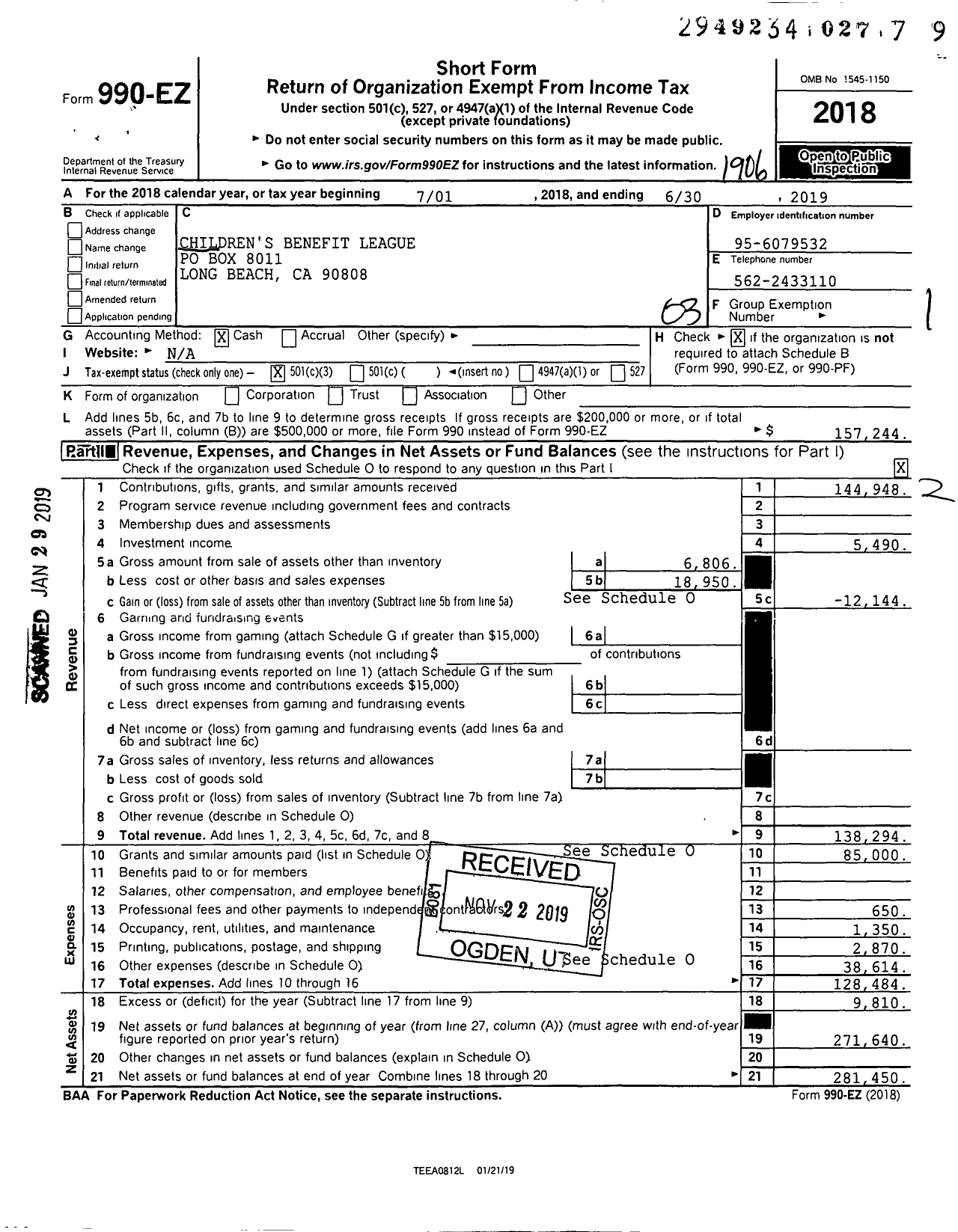 Image of first page of 2018 Form 990EZ for Childrens Benefit League