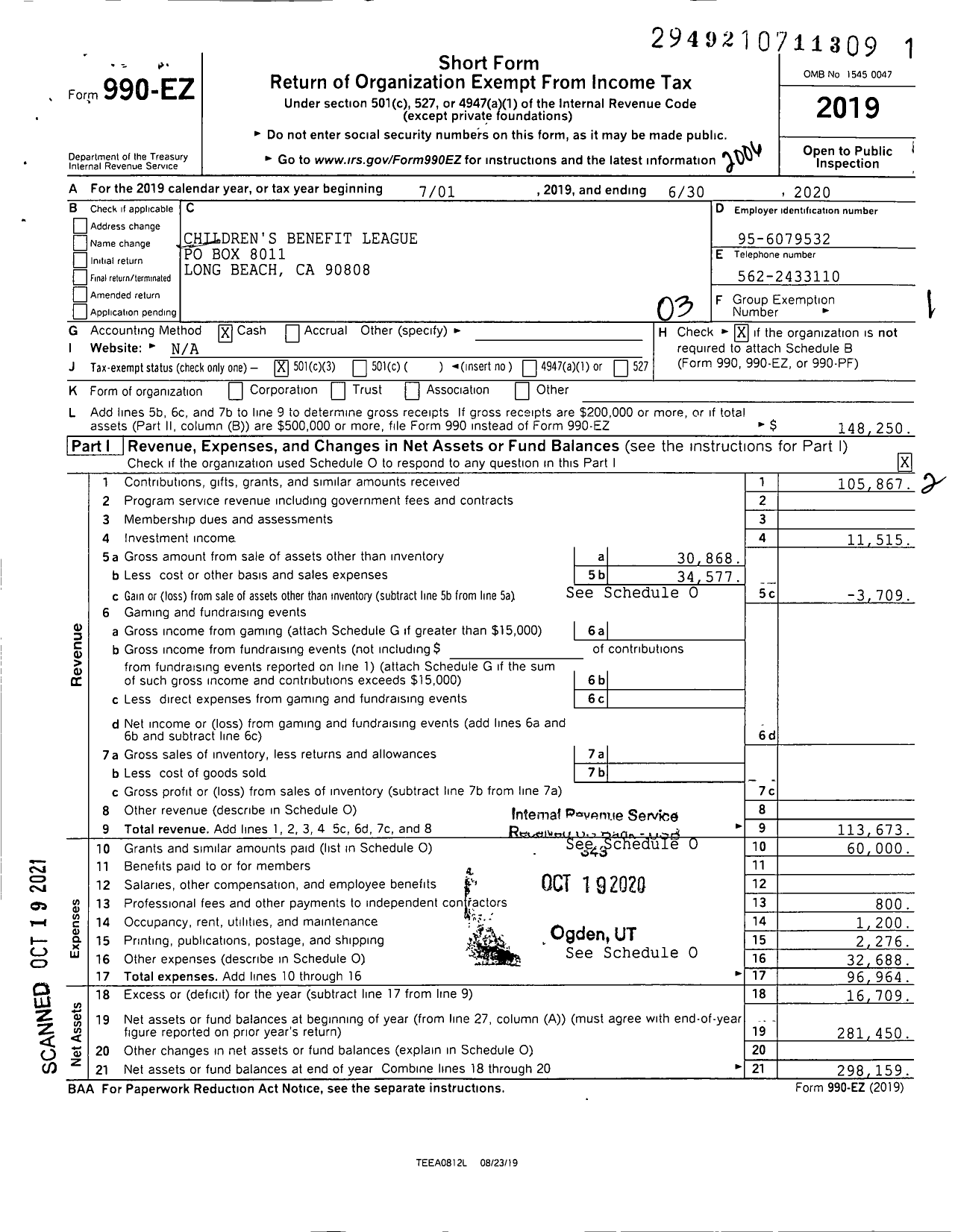 Image of first page of 2019 Form 990EZ for Childrens Benefit League