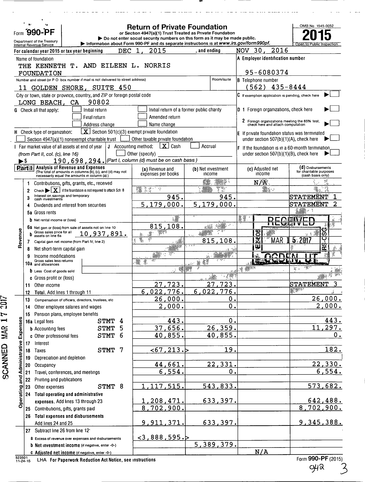 Image of first page of 2015 Form 990PF for Kenneth T and Eileen L Norris Foundation