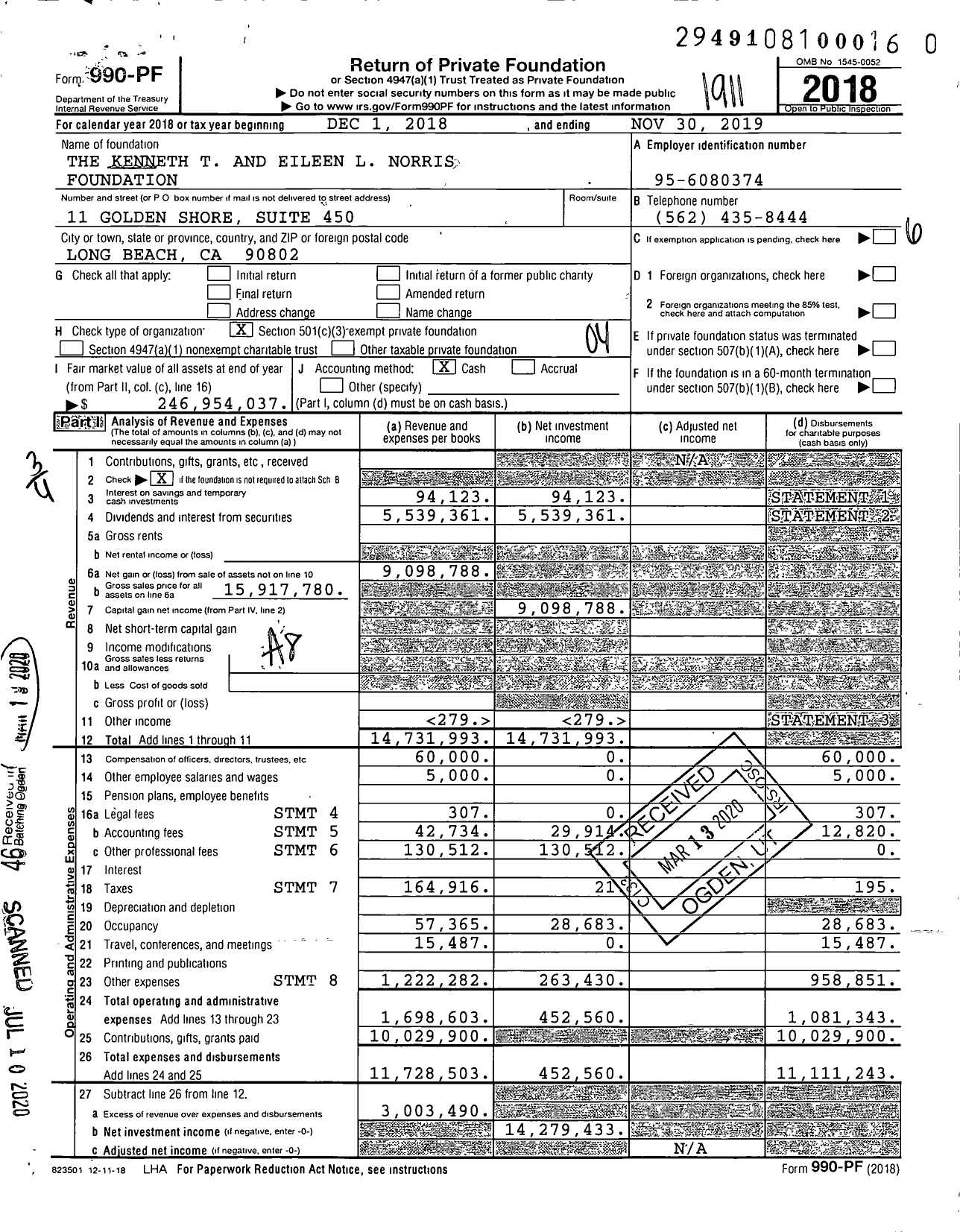 Image of first page of 2018 Form 990PR for Kenneth T and Eileen L Norris Foundation