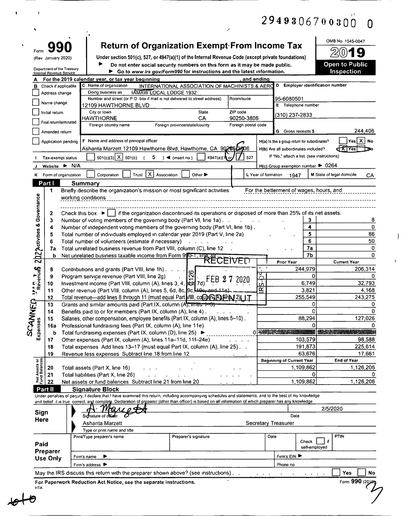 Image of first page of 2019 Form 990O for International Association of Machinists and Aerospace Workers - Iamaw Local Lodge 1932