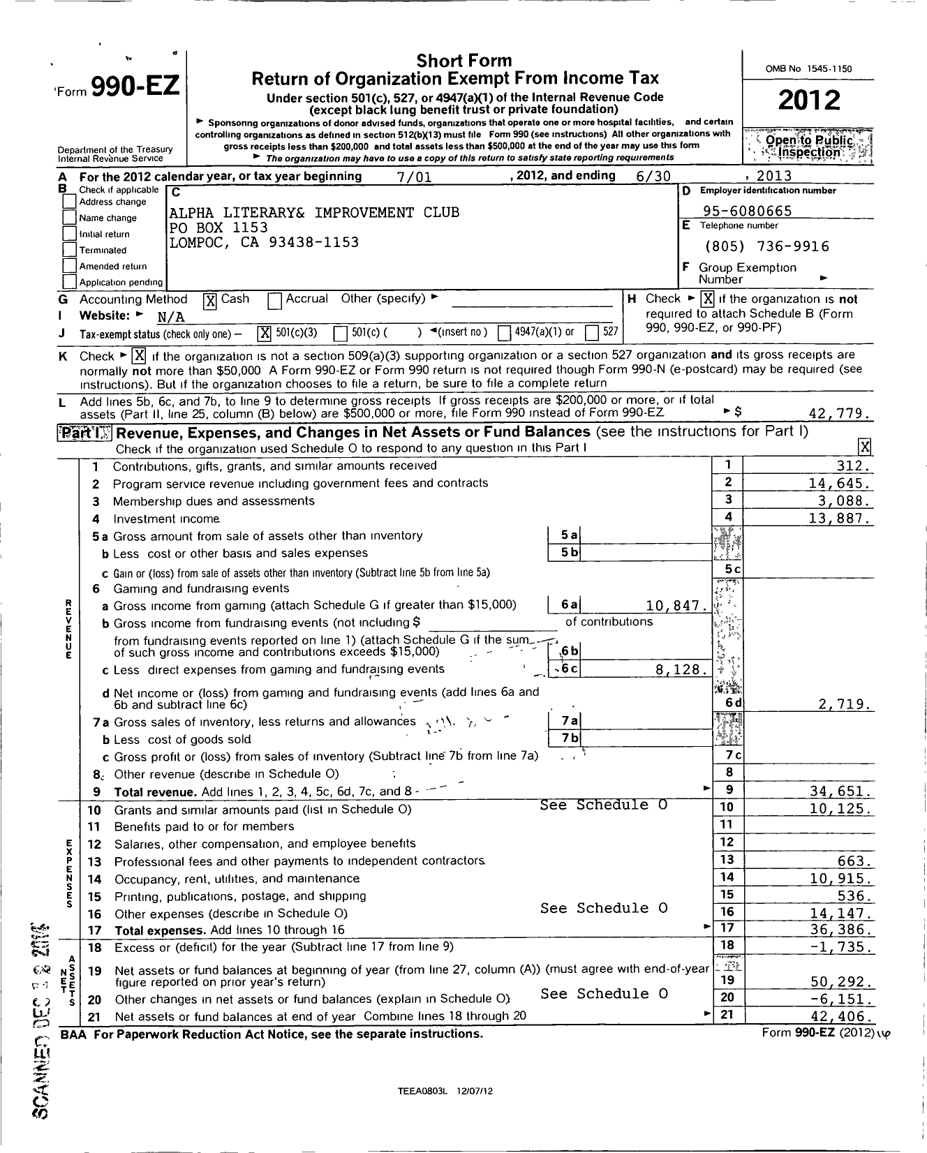 Image of first page of 2012 Form 990EZ for California Federation of Women's Clubs - Alpha Literary & Improvement Club