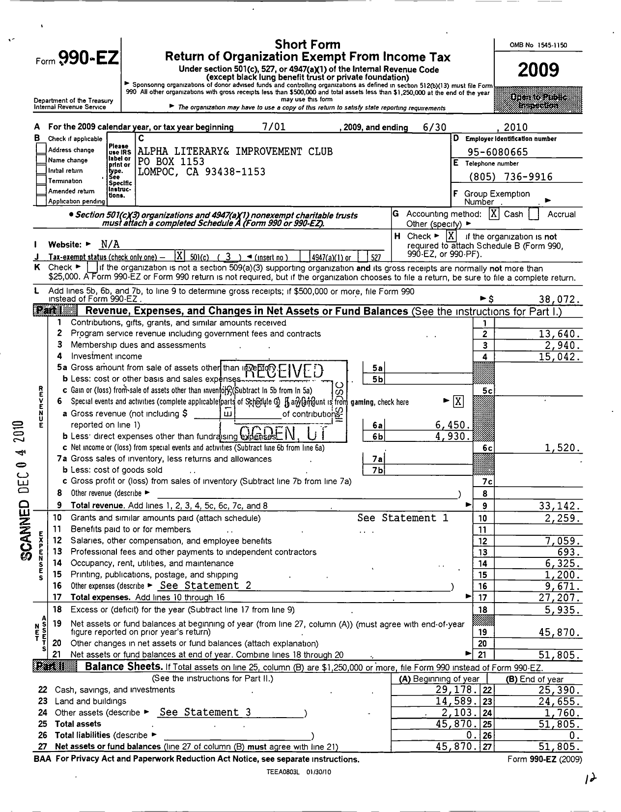 Image of first page of 2009 Form 990EZ for California Federation of Women's Clubs - Alpha Literary & Improvement Club