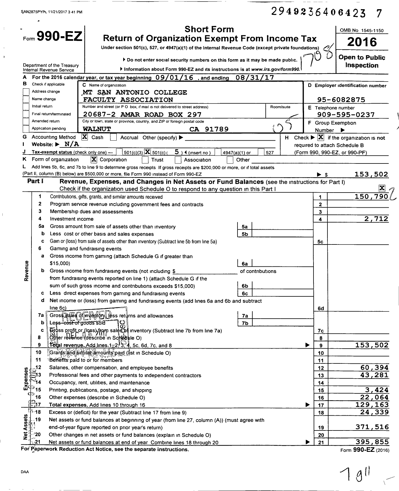 Image of first page of 2016 Form 990EO for MT San Antonio College Faculty Association