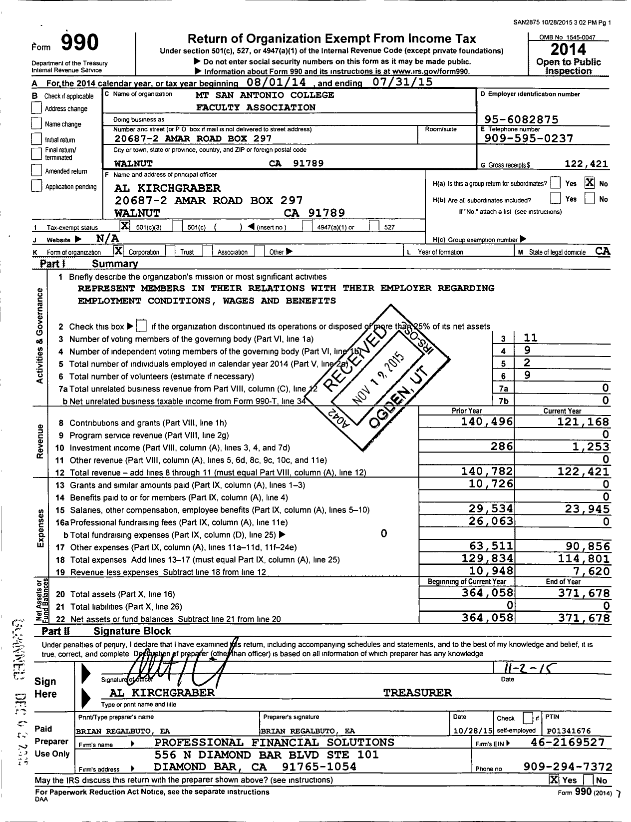 Image of first page of 2014 Form 990 for MT San Antonio College Faculty Association