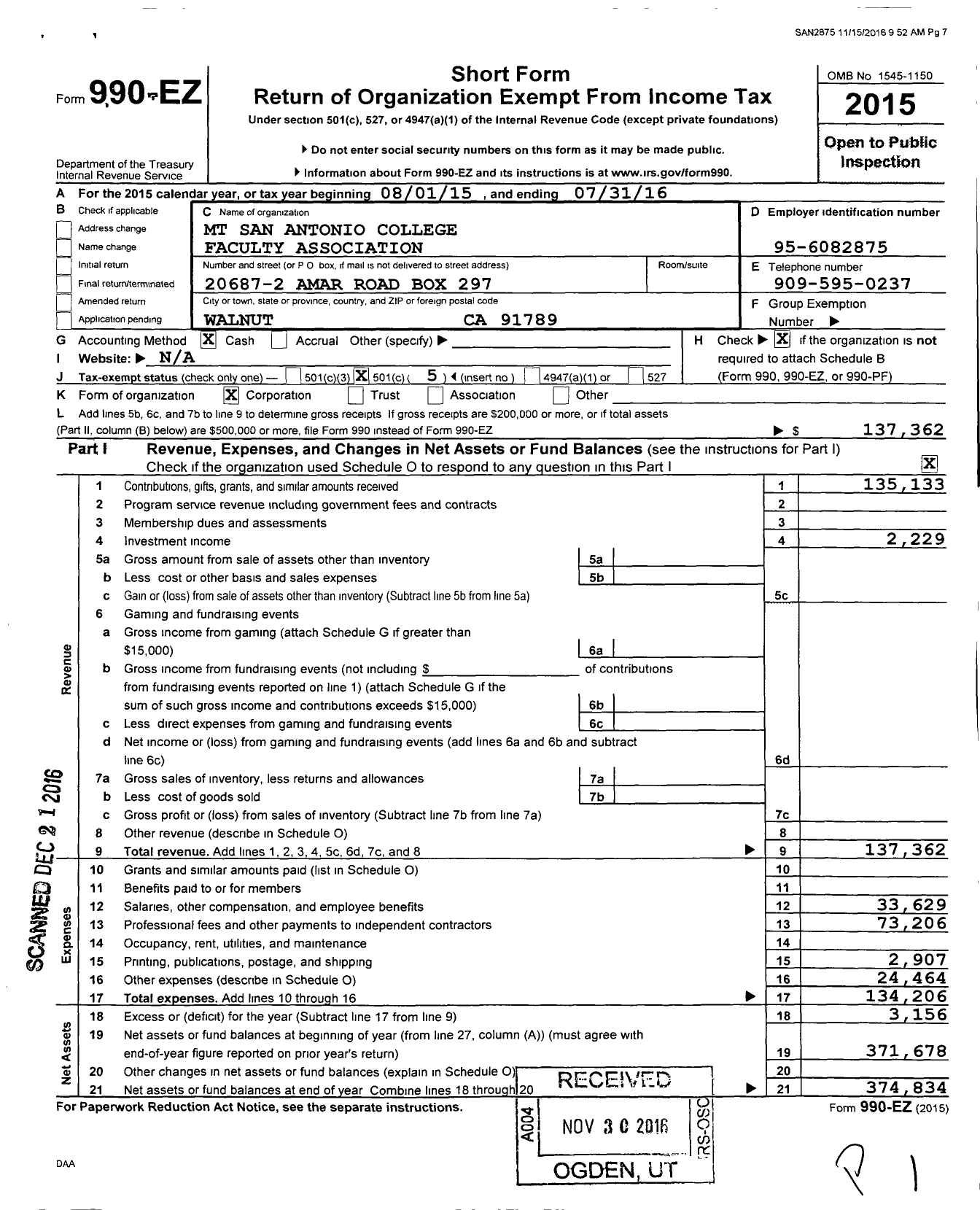 Image of first page of 2015 Form 990EO for MT San Antonio College Faculty Association