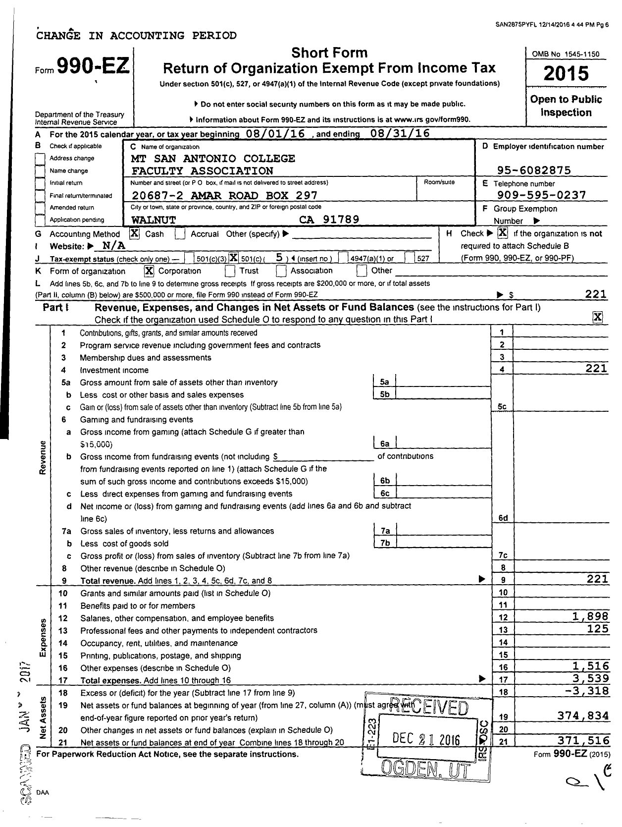 Image of first page of 2015 Form 990EO for MT San Antonio College Faculty Association