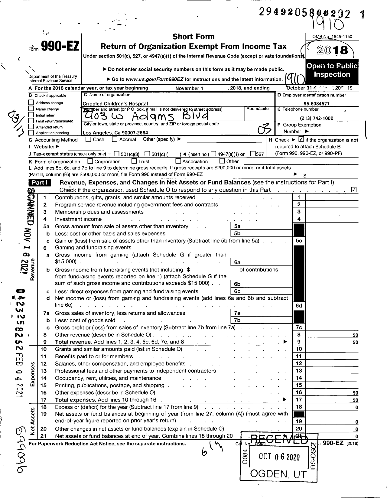 Image of first page of 2018 Form 990EZ for Crippled Children's Hospital