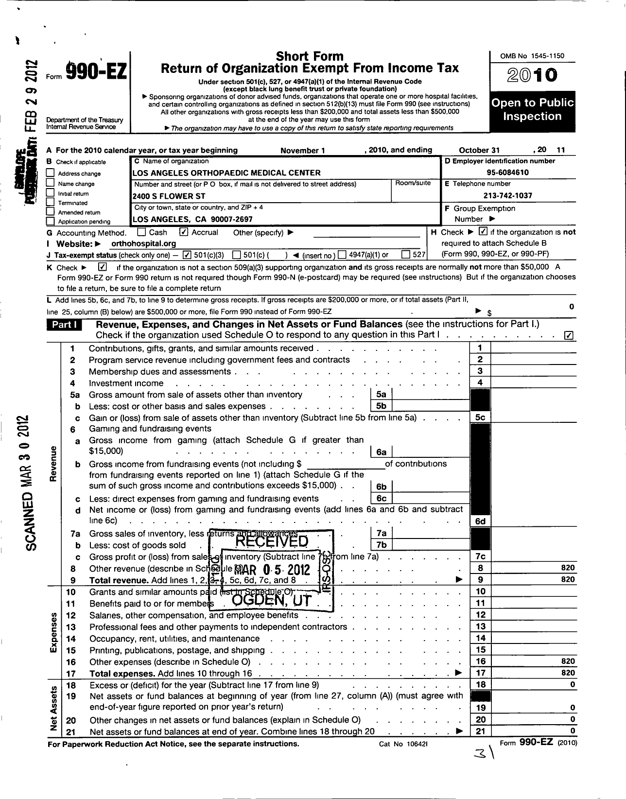 Image of first page of 2010 Form 990EZ for Los Angeles Orthopaedic Medical Center